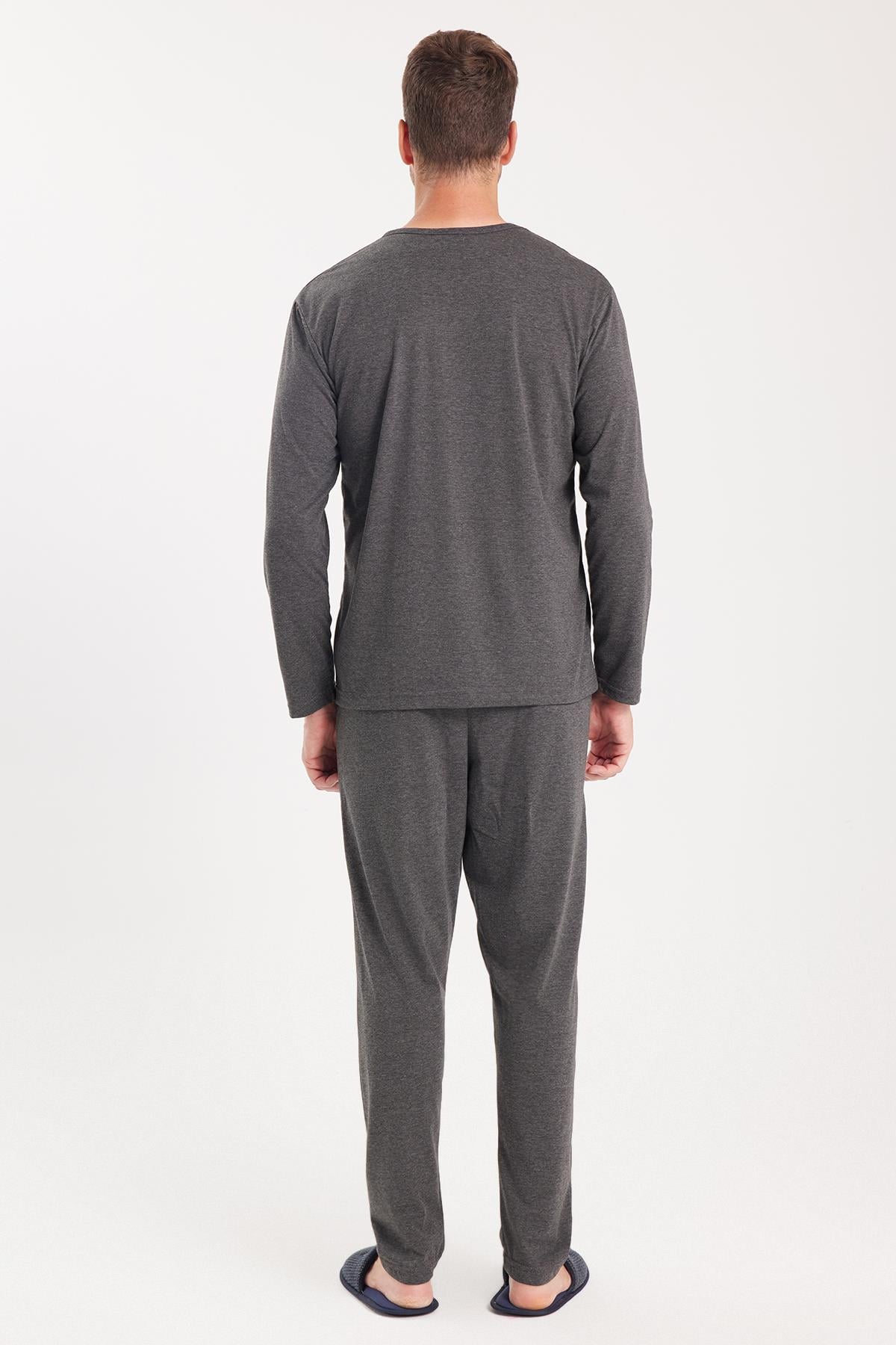 TUDORS Erkek Standart Fit %100 Pamuk Bisiklet Yaka Beli Lastikli Antrasit Pijama Takımı görsel 7