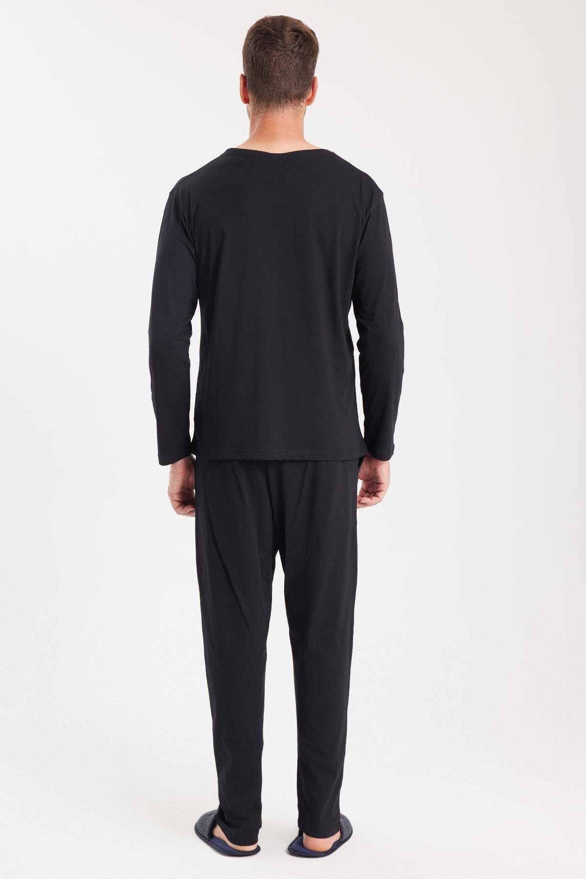 TUDORS Erkek Standart Fit %100 Pamuk V Yaka Beli Lastikli Siyah Pijama Takımı görsel 7