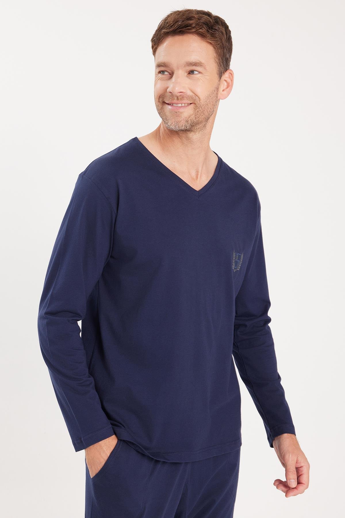 TUDORS Erkek Standart Fit %100 Pamuk V Yaka Beli Lastikli Lacivert Pijama Takımı görsel 2