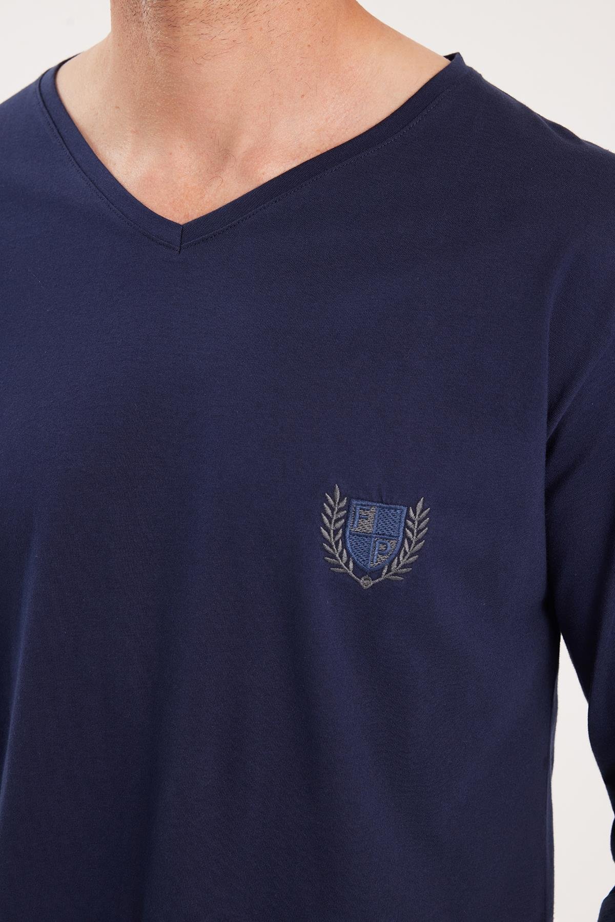 TUDORS Erkek Standart Fit %100 Pamuk V Yaka Beli Lastikli Lacivert Pijama Takımı görsel 3