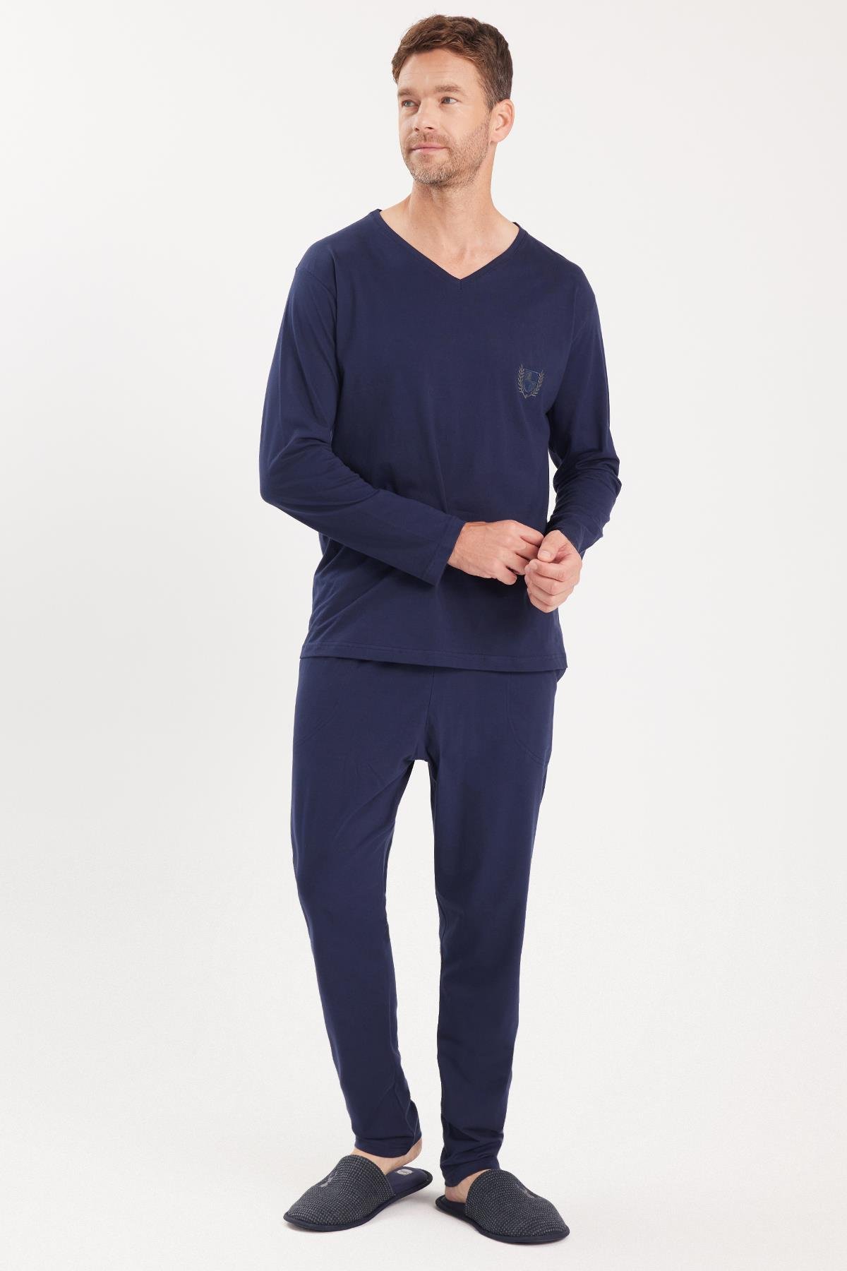 TUDORS Erkek Standart Fit %100 Pamuk V Yaka Beli Lastikli Lacivert Pijama Takımı görsel 4