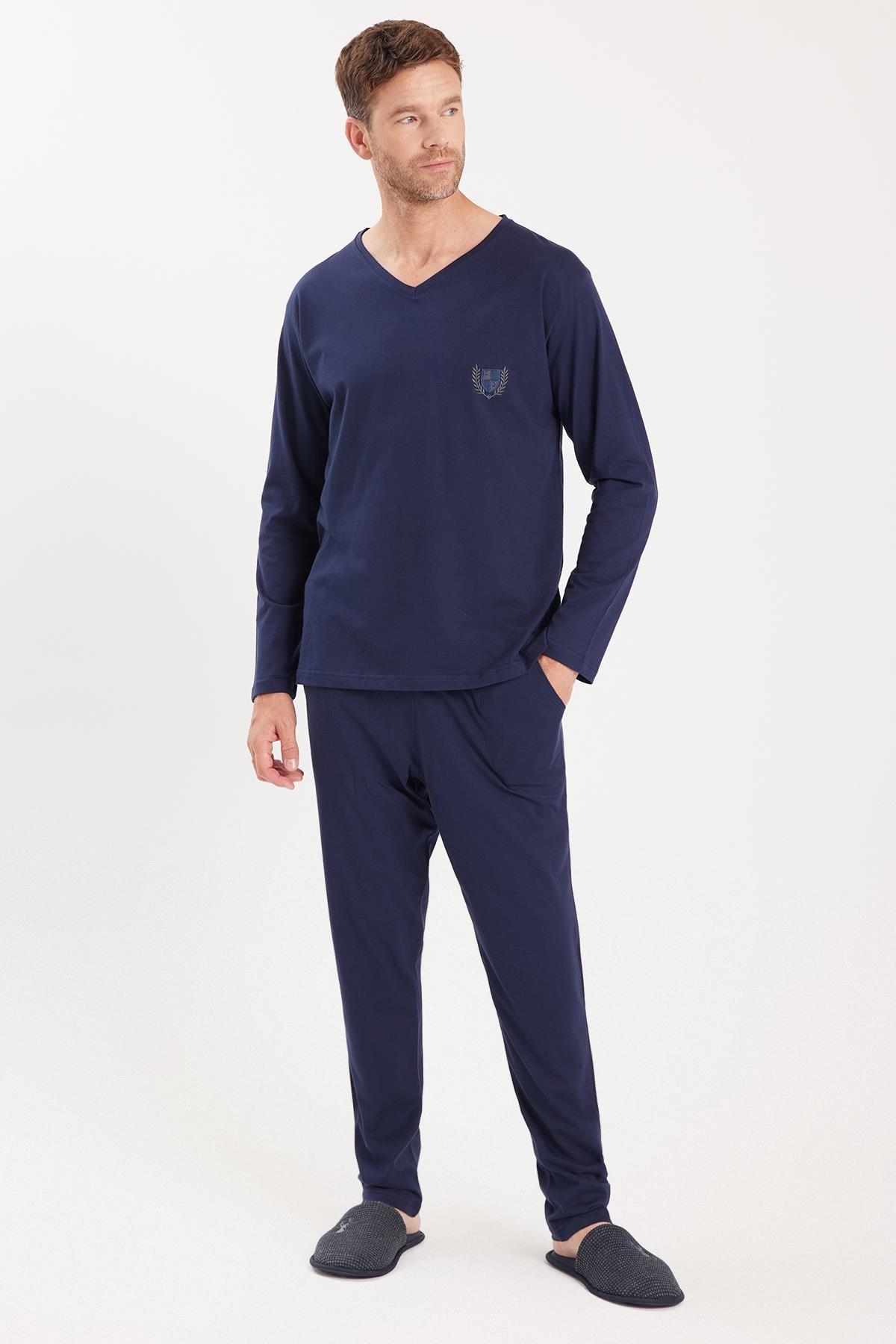 TUDORS Erkek Standart Fit %100 Pamuk V Yaka Beli Lastikli Lacivert Pijama Takımı görsel 5