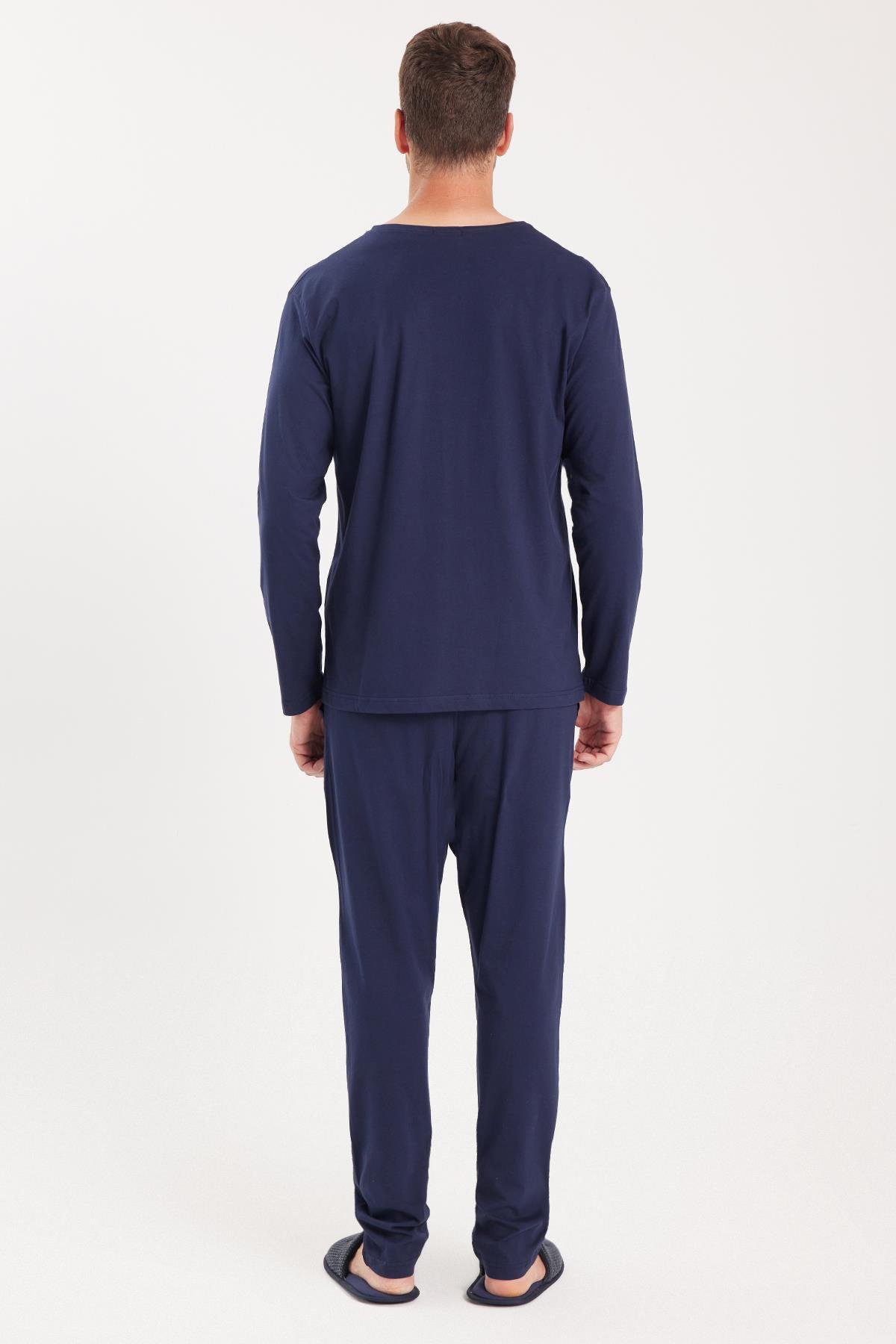 TUDORS Erkek Standart Fit %100 Pamuk V Yaka Beli Lastikli Lacivert Pijama Takımı görsel 7
