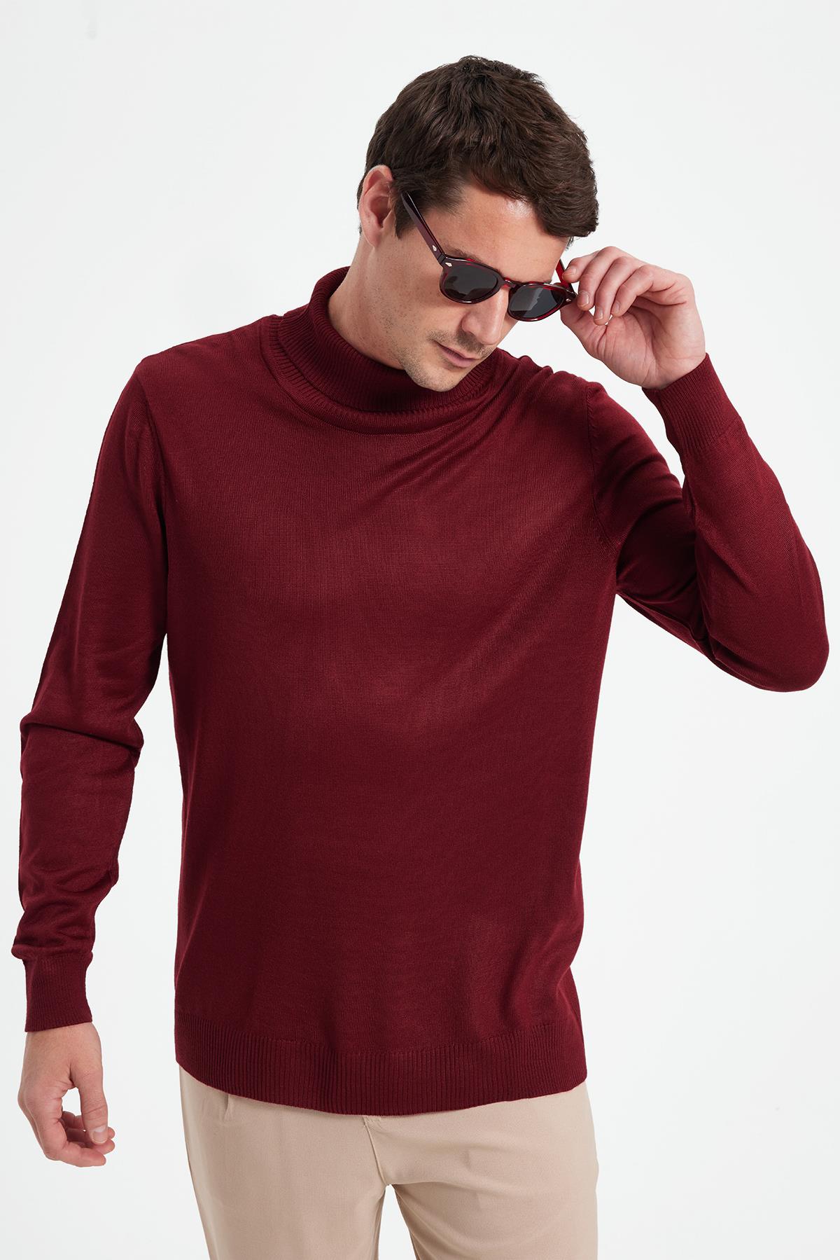 TUDORS Slim Fit Tam Boğazlı Yaka Düz Yün Bordo Erkek Triko Kazak