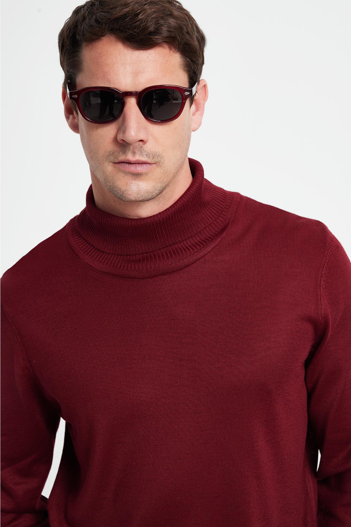 TUDORS Slim Fit Tam Boğazlı Yaka Düz Yün Bordo Erkek Triko Kazak görsel 2