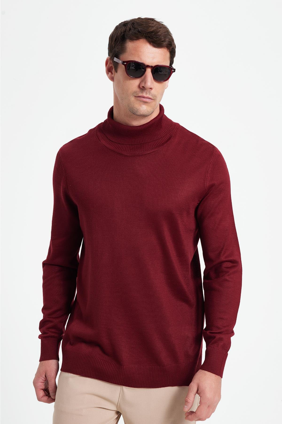TUDORS Slim Fit Tam Boğazlı Yaka Düz Yün Bordo Erkek Triko Kazak görsel 4