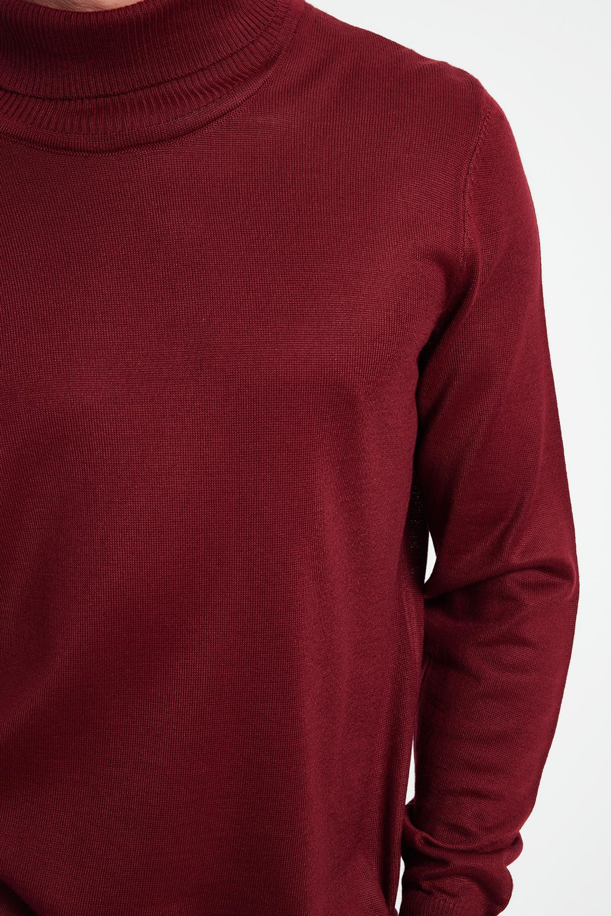 TUDORS Slim Fit Tam Boğazlı Yaka Düz Yün Bordo Erkek Triko Kazak görsel 5