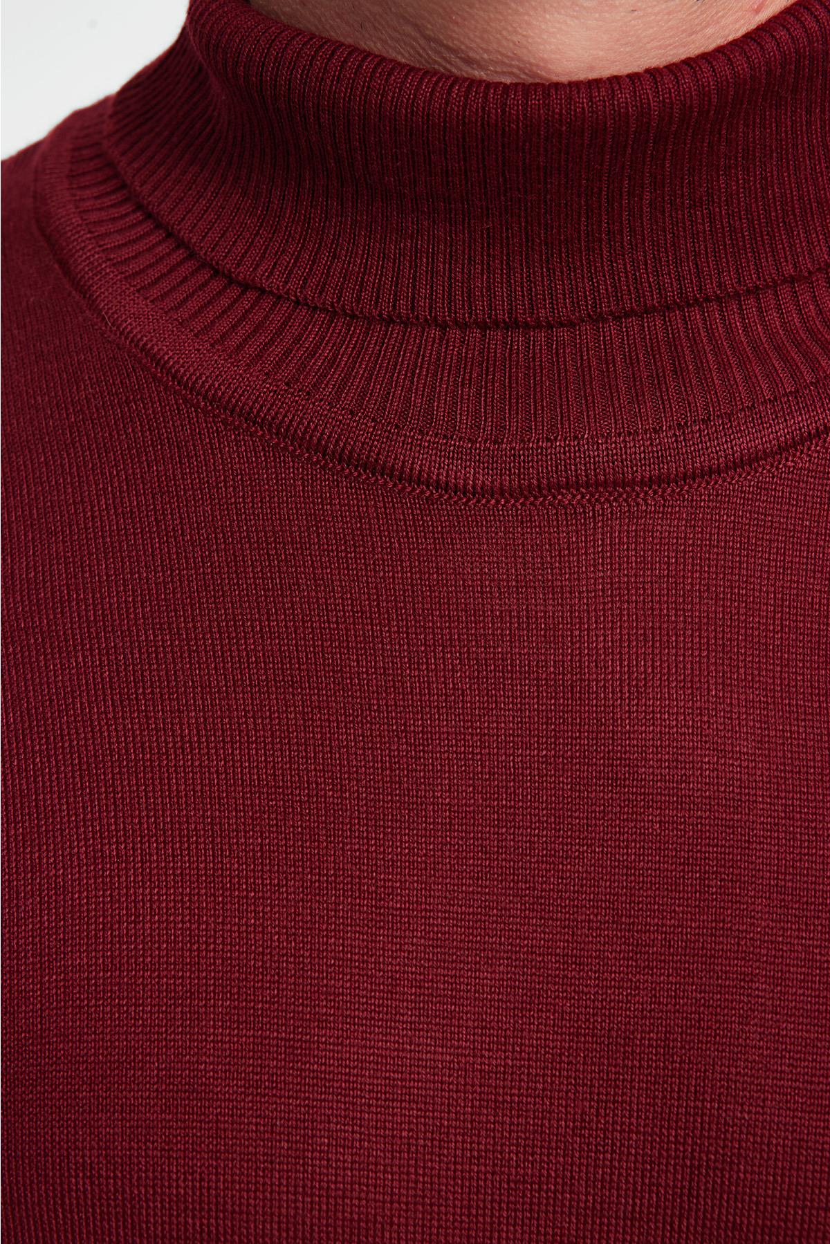 TUDORS Slim Fit Tam Boğazlı Yaka Düz Yün Bordo Erkek Triko Kazak görsel 6