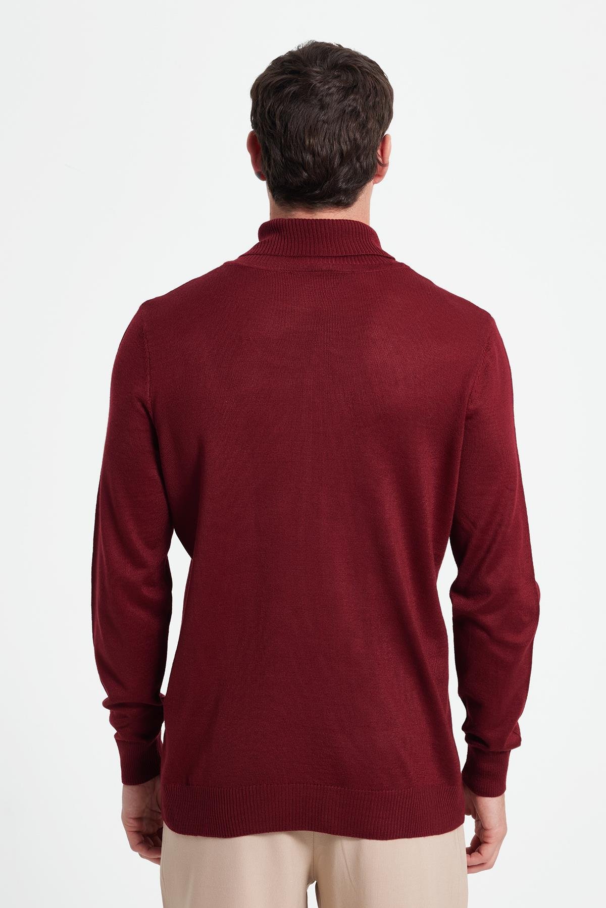 TUDORS Slim Fit Tam Boğazlı Yaka Düz Yün Bordo Erkek Triko Kazak görsel 7