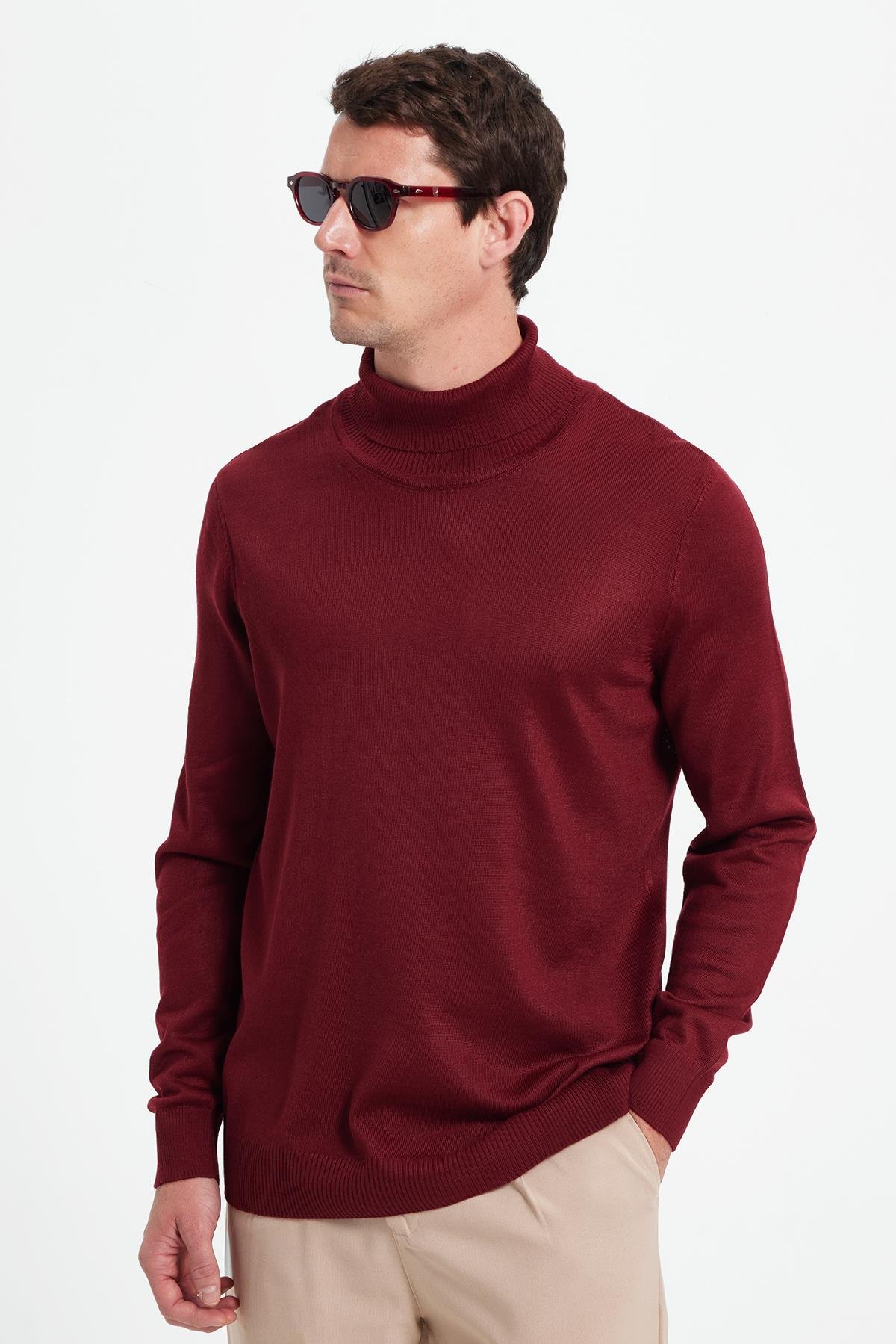 TUDORS Slim Fit Tam Boğazlı Yaka Düz Yün Bordo Erkek Triko Kazak görsel 8