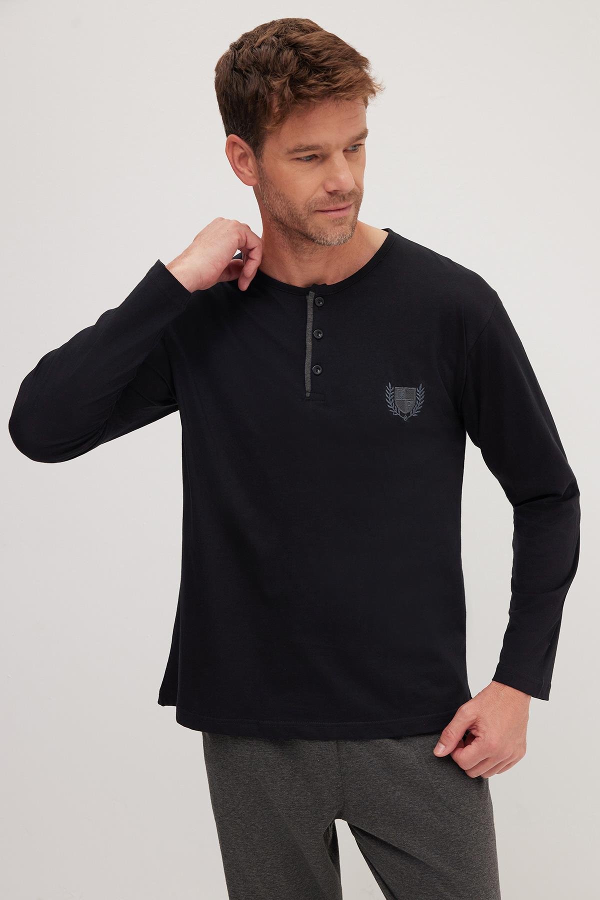 TUDORS Erkek Standart Fit Normal Kesim %100 Pamuk Bisiklet Yaka Beli Lastikli Antrasit Pijama Takımı görsel 2