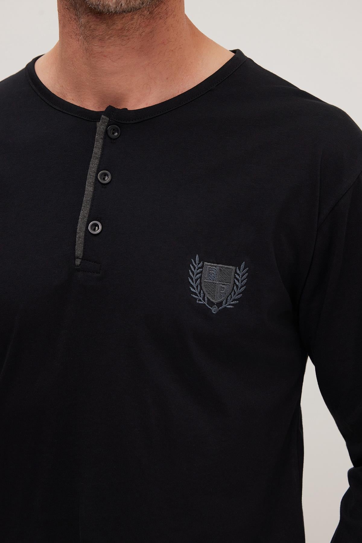 TUDORS Erkek Standart Fit Normal Kesim %100 Pamuk Bisiklet Yaka Beli Lastikli Antrasit Pijama Takımı görsel 3