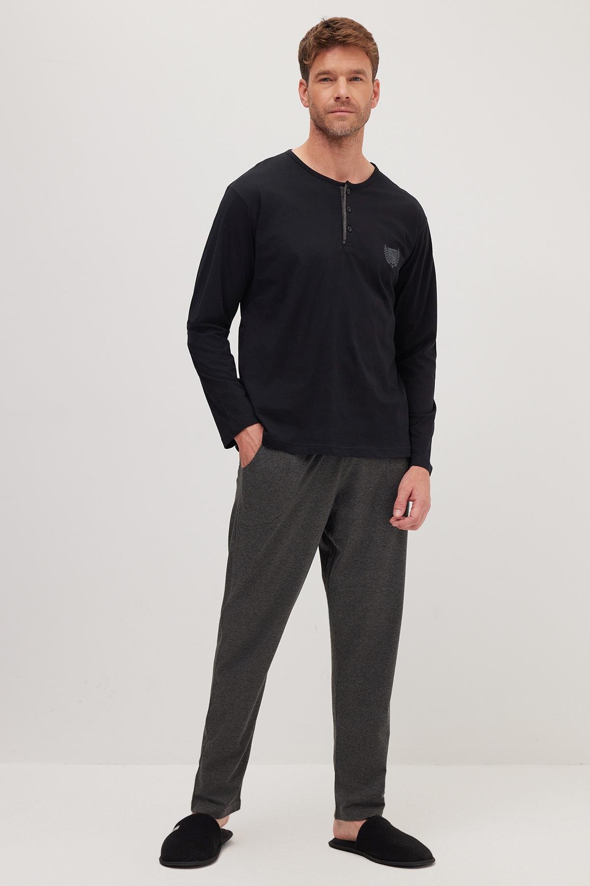 TUDORS Erkek Standart Fit Normal Kesim %100 Pamuk Bisiklet Yaka Beli Lastikli Antrasit Pijama Takımı görsel 5