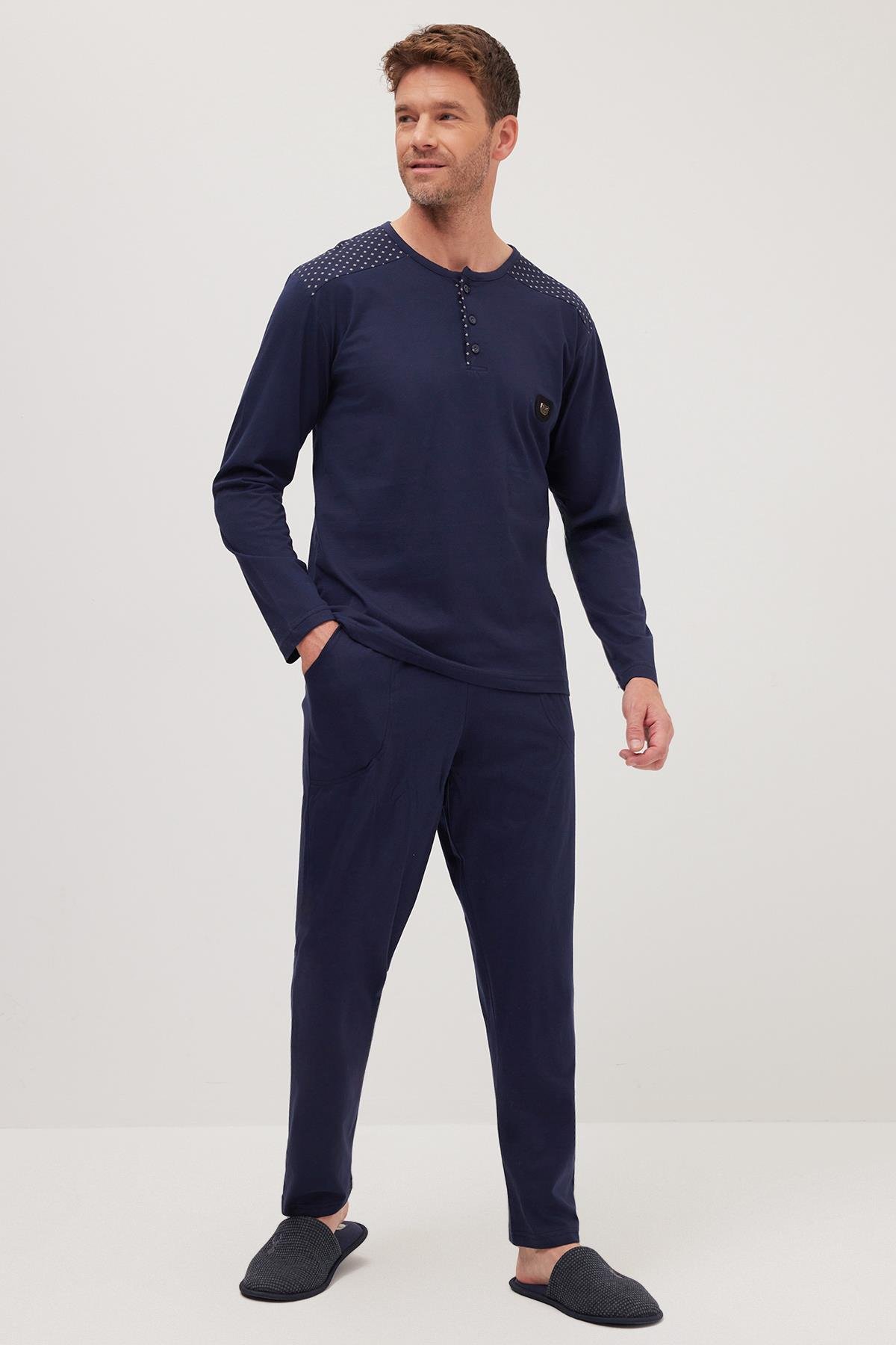 TUDORS Erkek Standart Fit Normal Kesim %100 Pamuk Bisiklet Yaka Beli Lastikli Lacivert Pijama Takımı