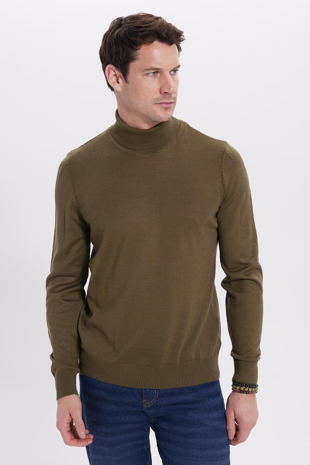 TUDORS Erkek Slim Fit Tam Boğazlı Yaka Düz Yün Haki Triko Kazak