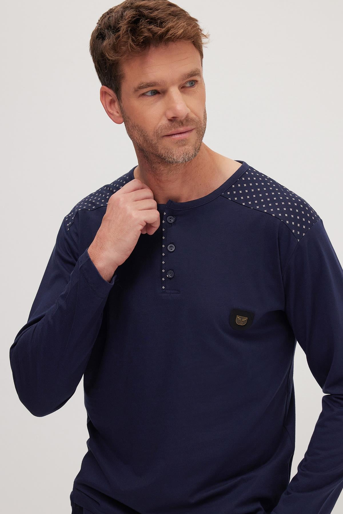 TUDORS Erkek Standart Fit Normal Kesim %100 Pamuk Bisiklet Yaka Beli Lastikli Lacivert Pijama Takımı görsel 2