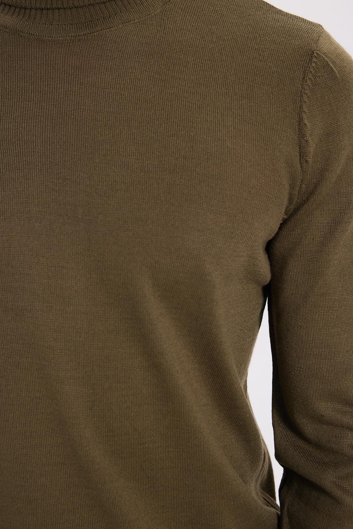 TUDORS Erkek Slim Fit Tam Boğazlı Yaka Düz Yün Haki Triko Kazak görsel 3