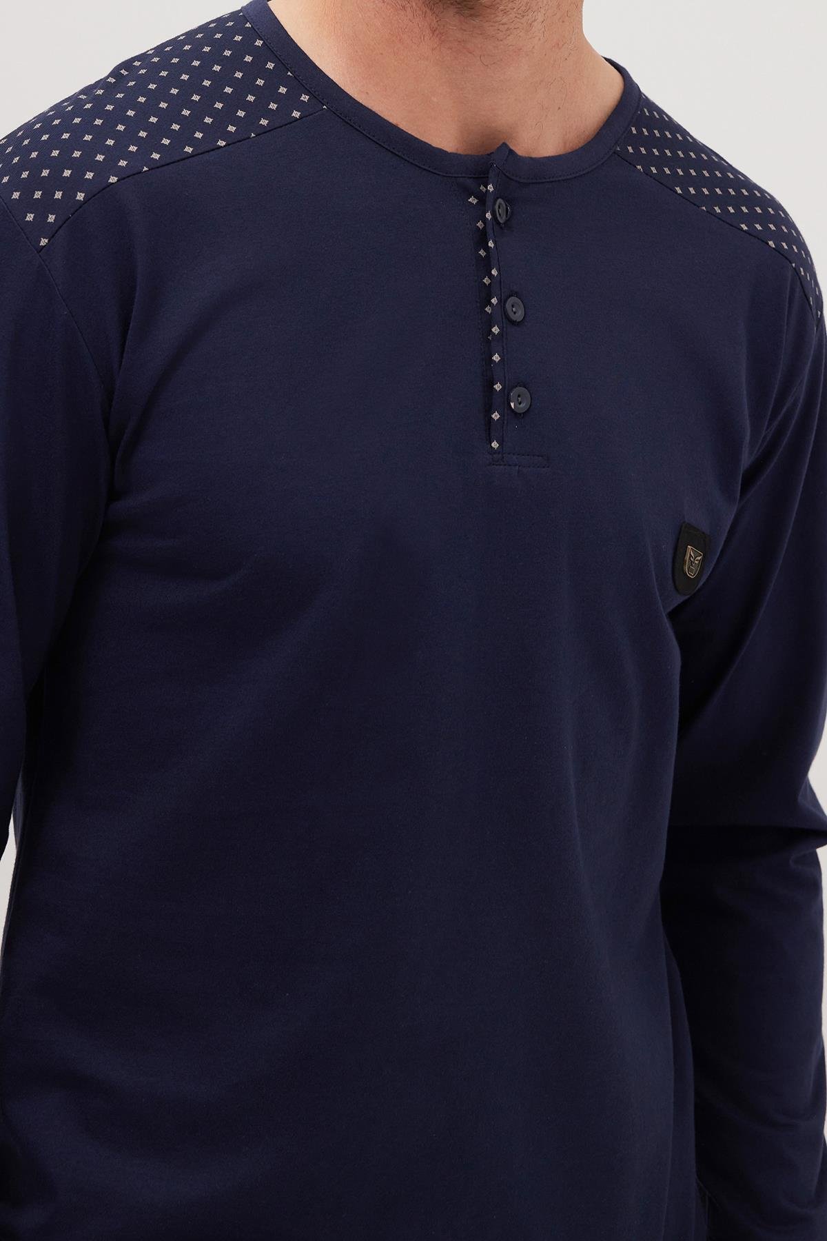 TUDORS Erkek Standart Fit Normal Kesim %100 Pamuk Bisiklet Yaka Beli Lastikli Lacivert Pijama Takımı görsel 3