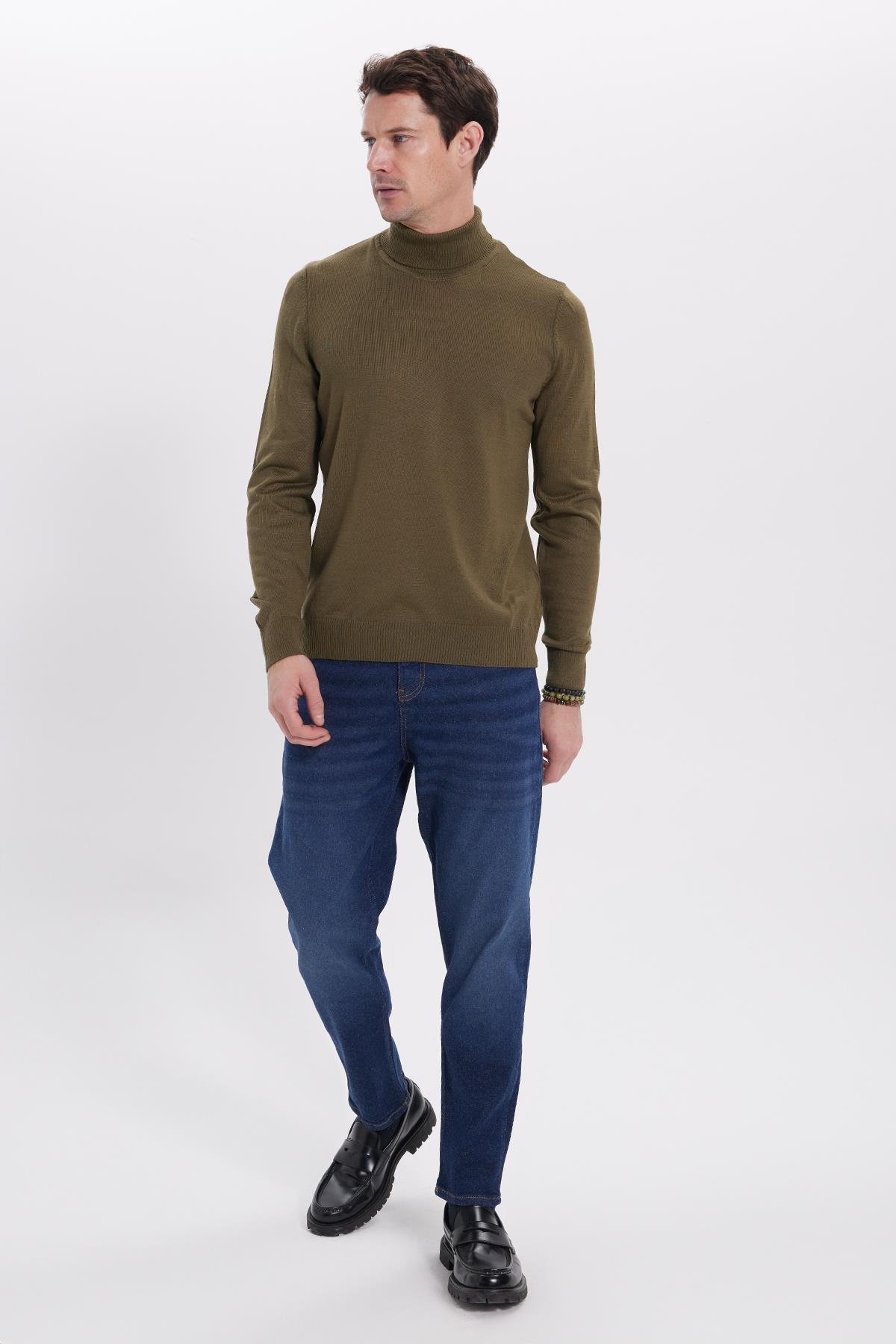 TUDORS Erkek Slim Fit Tam Boğazlı Yaka Düz Yün Haki Triko Kazak görsel 4