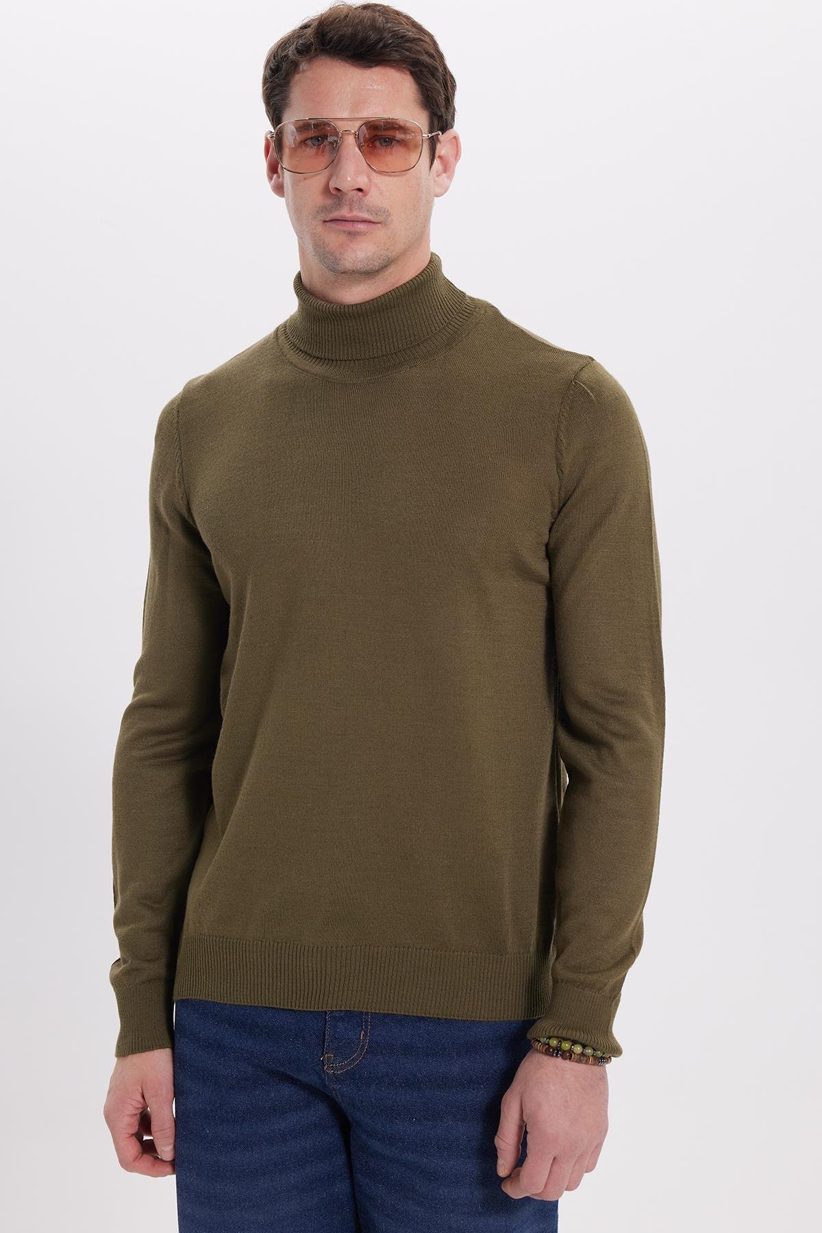 TUDORS Erkek Slim Fit Tam Boğazlı Yaka Düz Yün Haki Triko Kazak görsel 5