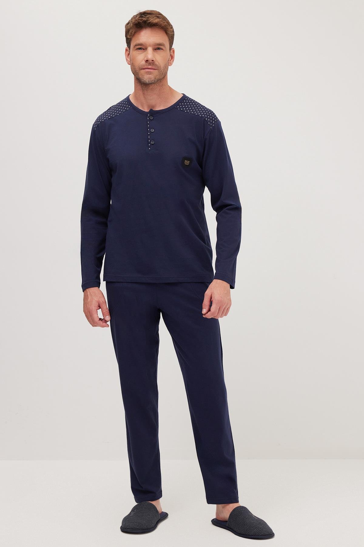 TUDORS Erkek Standart Fit Normal Kesim %100 Pamuk Bisiklet Yaka Beli Lastikli Lacivert Pijama Takımı görsel 4