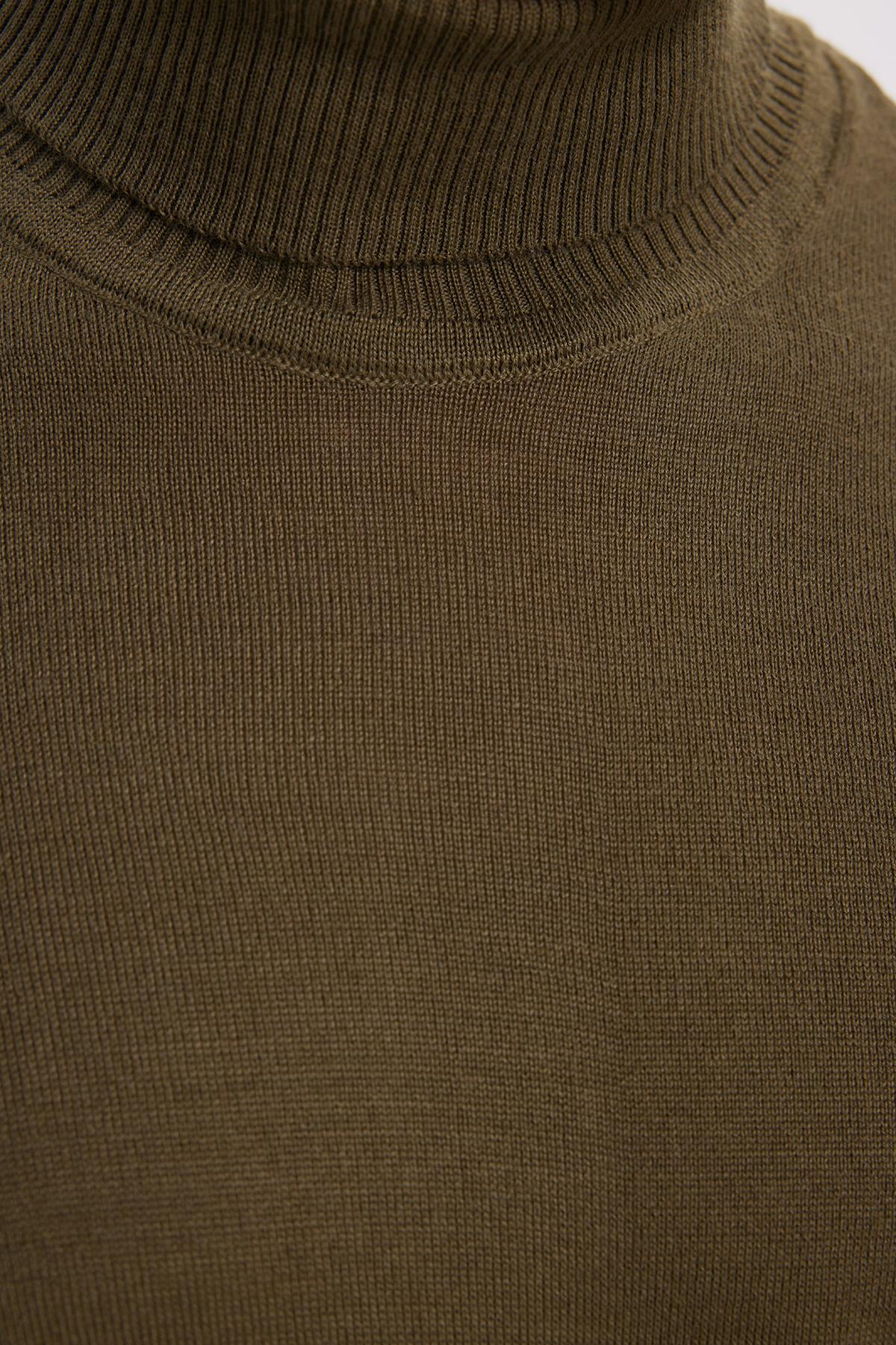 TUDORS Erkek Slim Fit Tam Boğazlı Yaka Düz Yün Haki Triko Kazak görsel 6