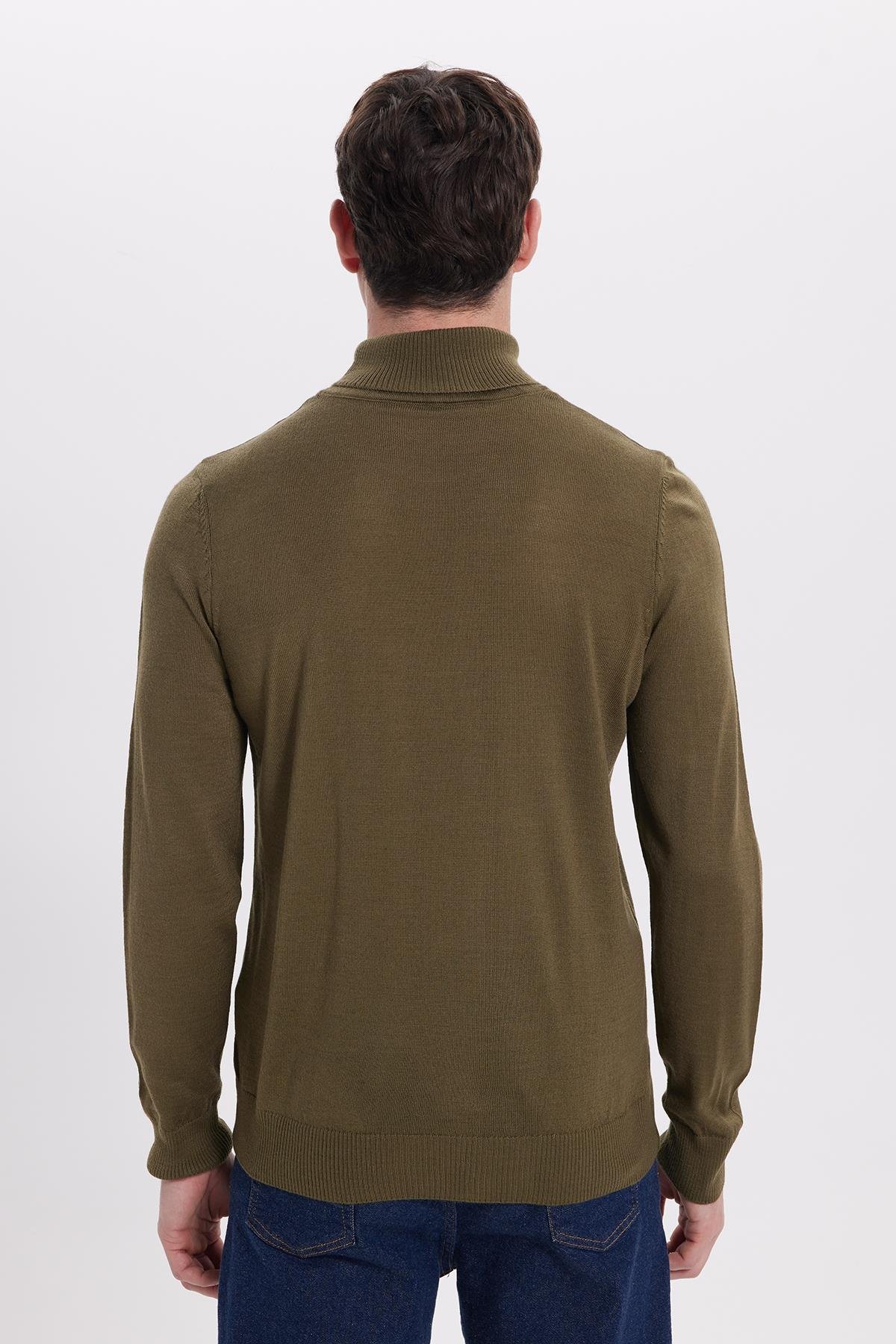 TUDORS Erkek Slim Fit Tam Boğazlı Yaka Düz Yün Haki Triko Kazak görsel 7