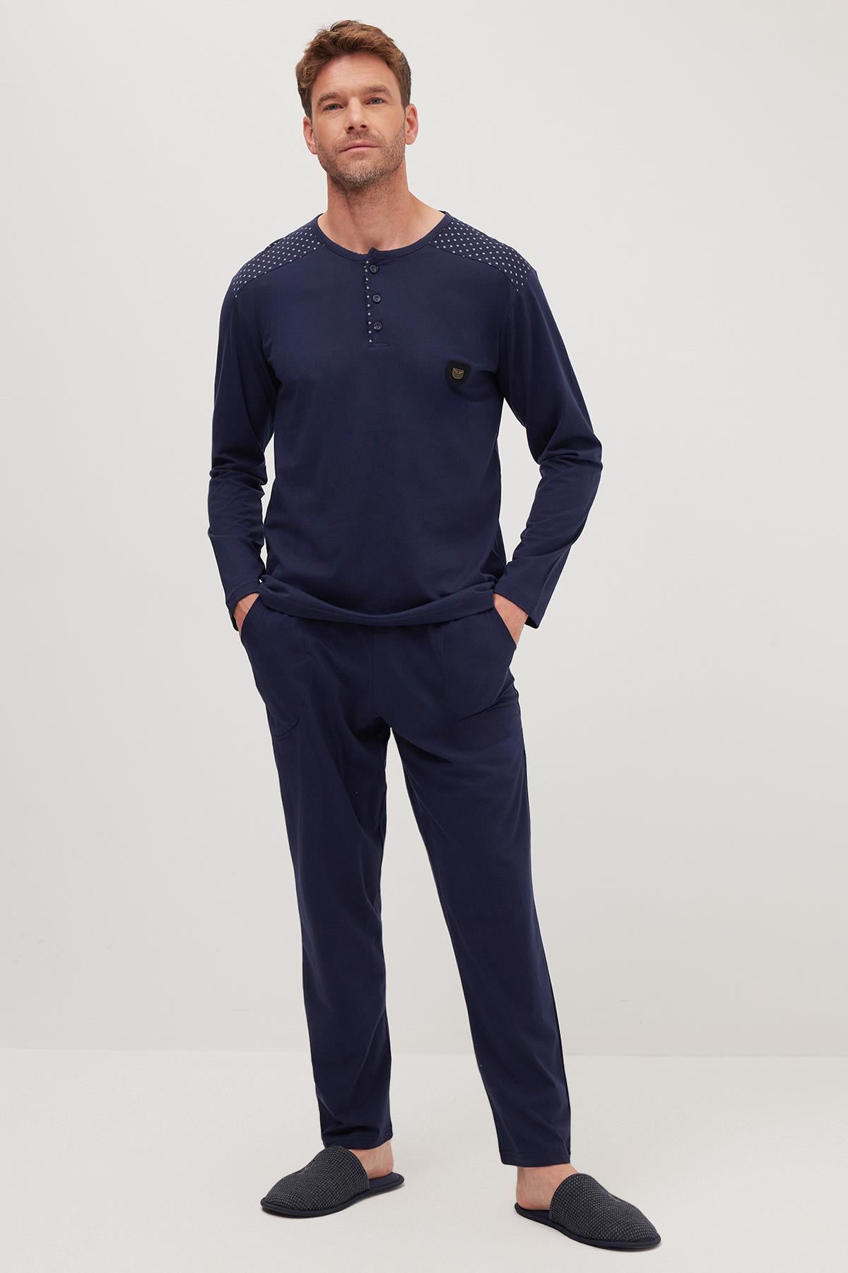 TUDORS Erkek Standart Fit Normal Kesim %100 Pamuk Bisiklet Yaka Beli Lastikli Lacivert Pijama Takımı görsel 5