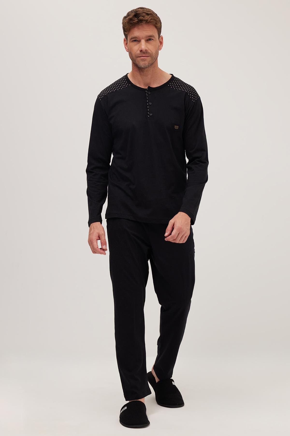 TUDORS Erkek Standart Fit Normal Kesim %100 Pamuk Bisiklet Yaka Beli Lastikli Siyah Pijama Takımı