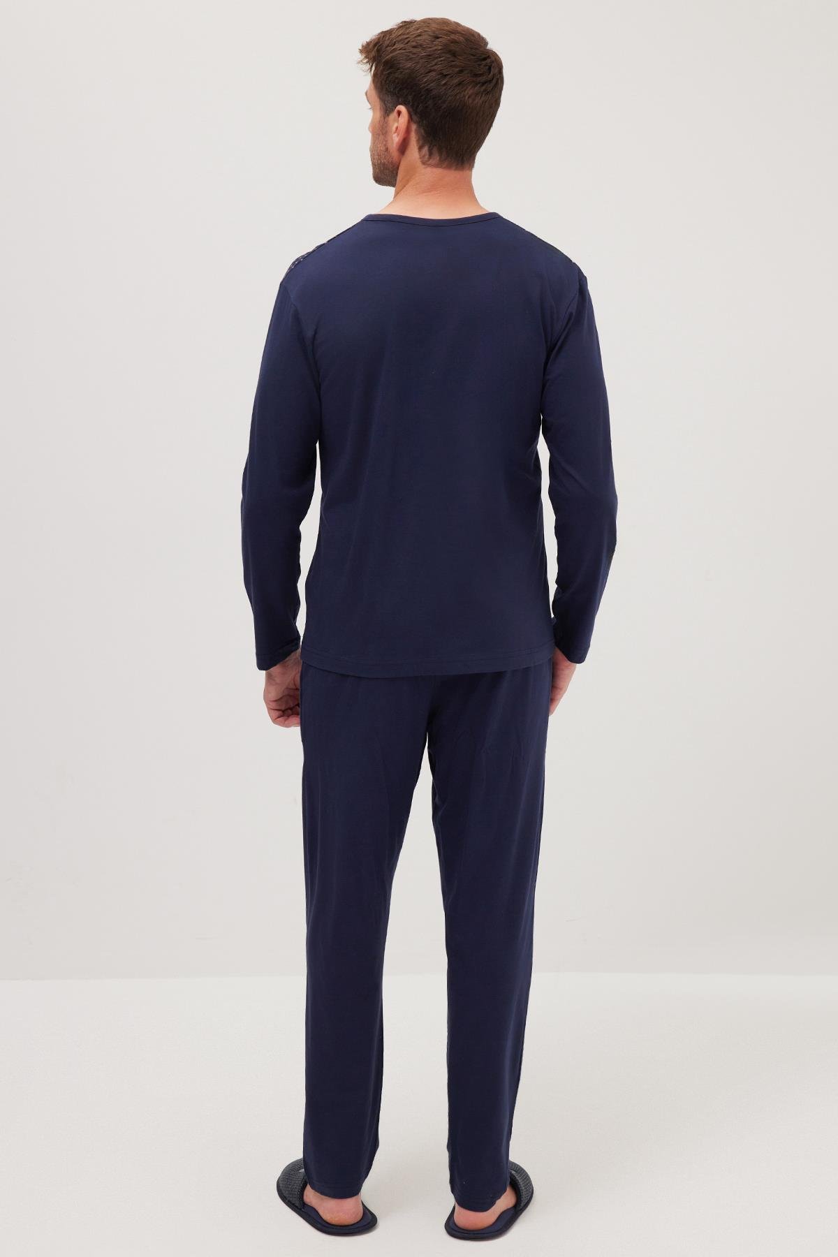 TUDORS Erkek Standart Fit Normal Kesim %100 Pamuk Bisiklet Yaka Beli Lastikli Lacivert Pijama Takımı görsel 7