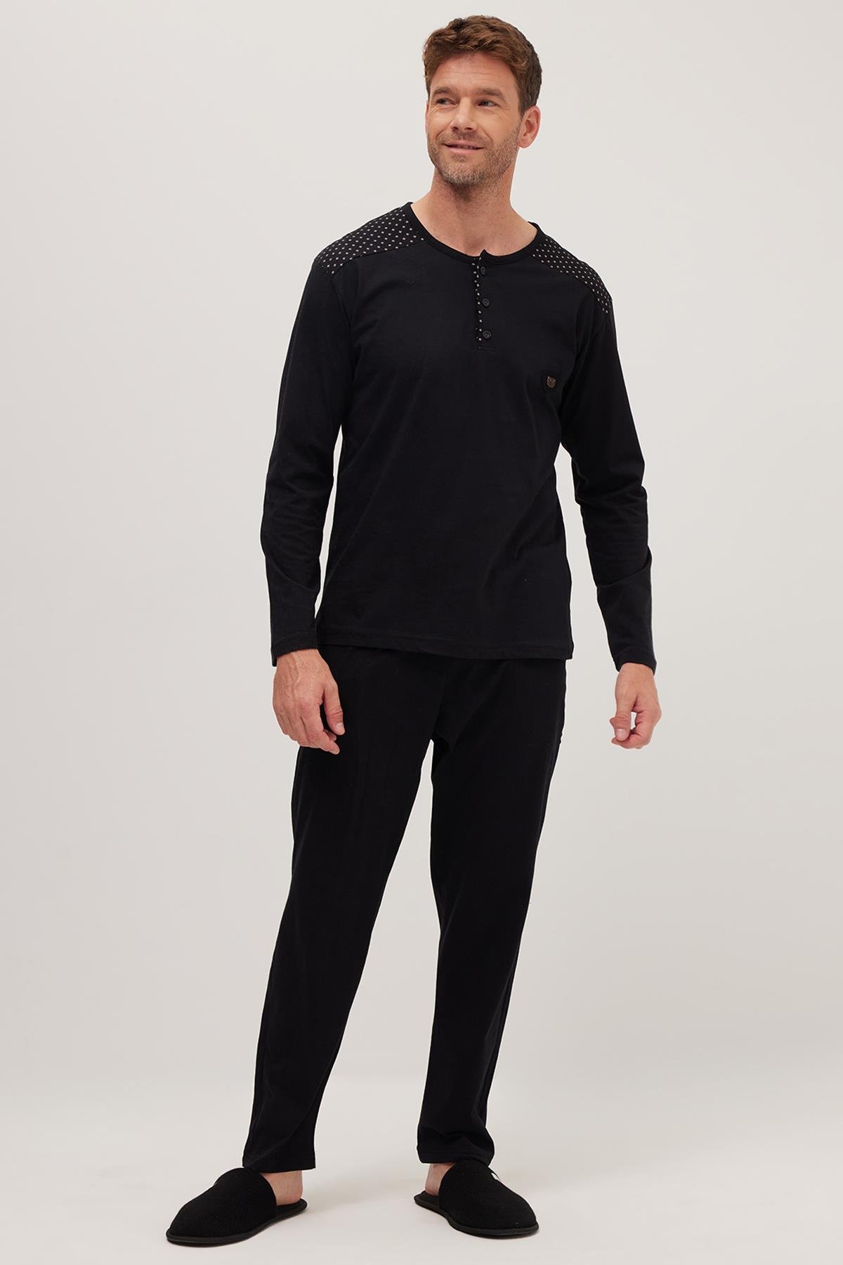 TUDORS Erkek Standart Fit Normal Kesim %100 Pamuk Bisiklet Yaka Beli Lastikli Siyah Pijama Takımı görsel 4