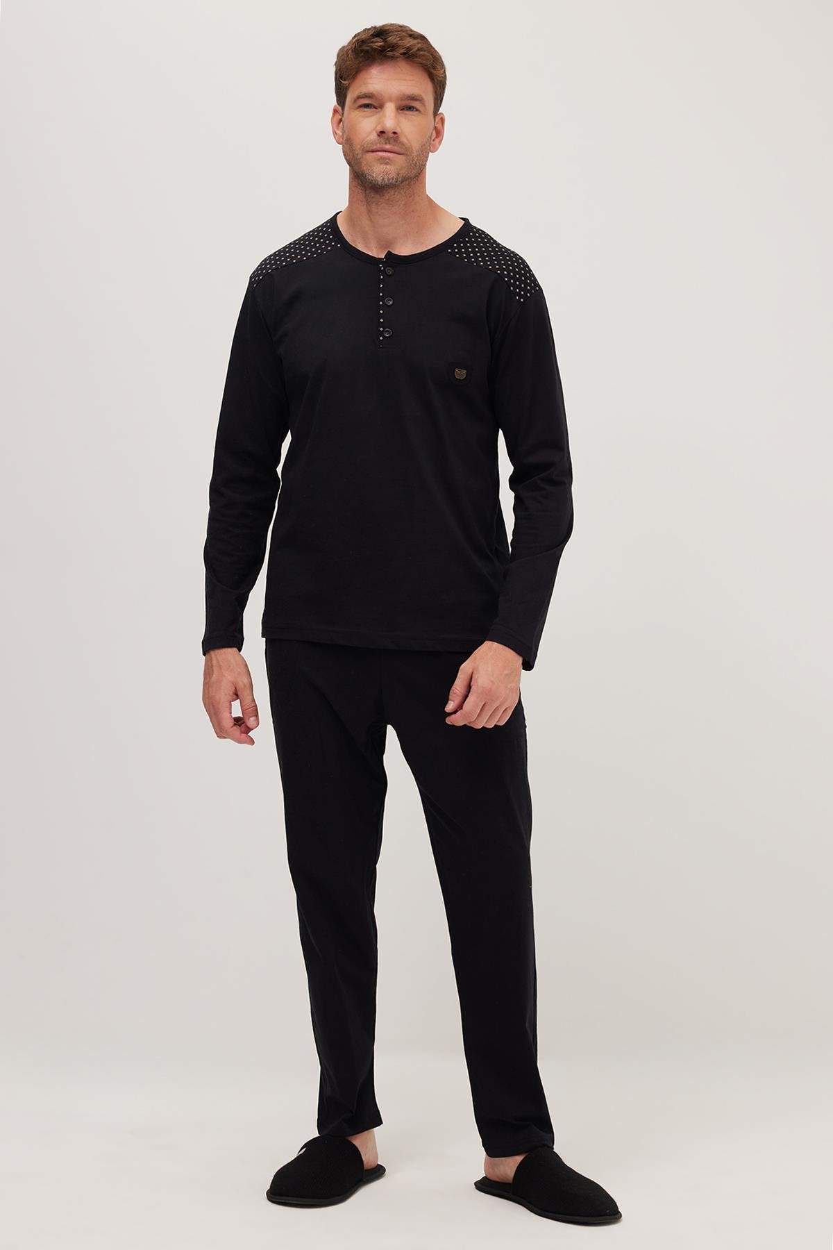 TUDORS Erkek Standart Fit Normal Kesim %100 Pamuk Bisiklet Yaka Beli Lastikli Siyah Pijama Takımı görsel 5