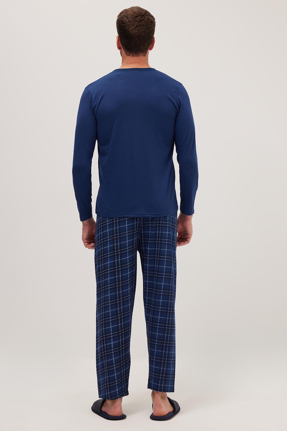 TUDORS Erkek Regular Fit Pamuklu Düğmeli Yaka Beli Lastikli Desenli İndigo Pijama Takımı görsel 7