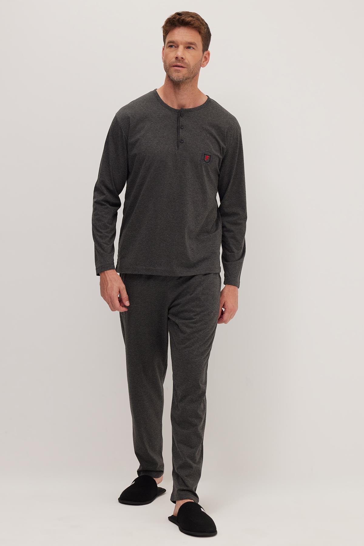 TUDORS Erkek Standart Fit %100 Pamuk Bisiklet Yaka Beli Lastikli Antrasit Pijama Takımı görsel 4