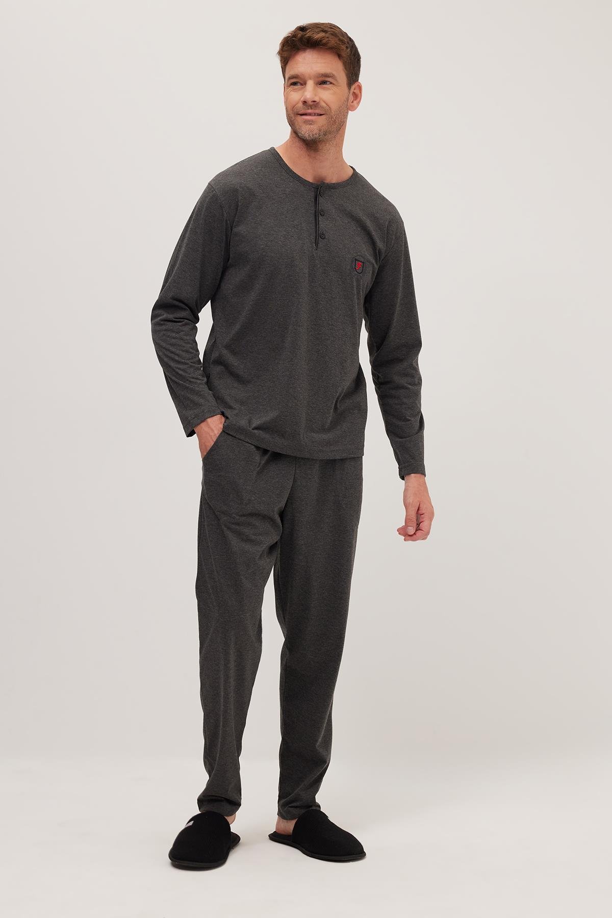 TUDORS Erkek Standart Fit %100 Pamuk Bisiklet Yaka Beli Lastikli Antrasit Pijama Takımı görsel 5