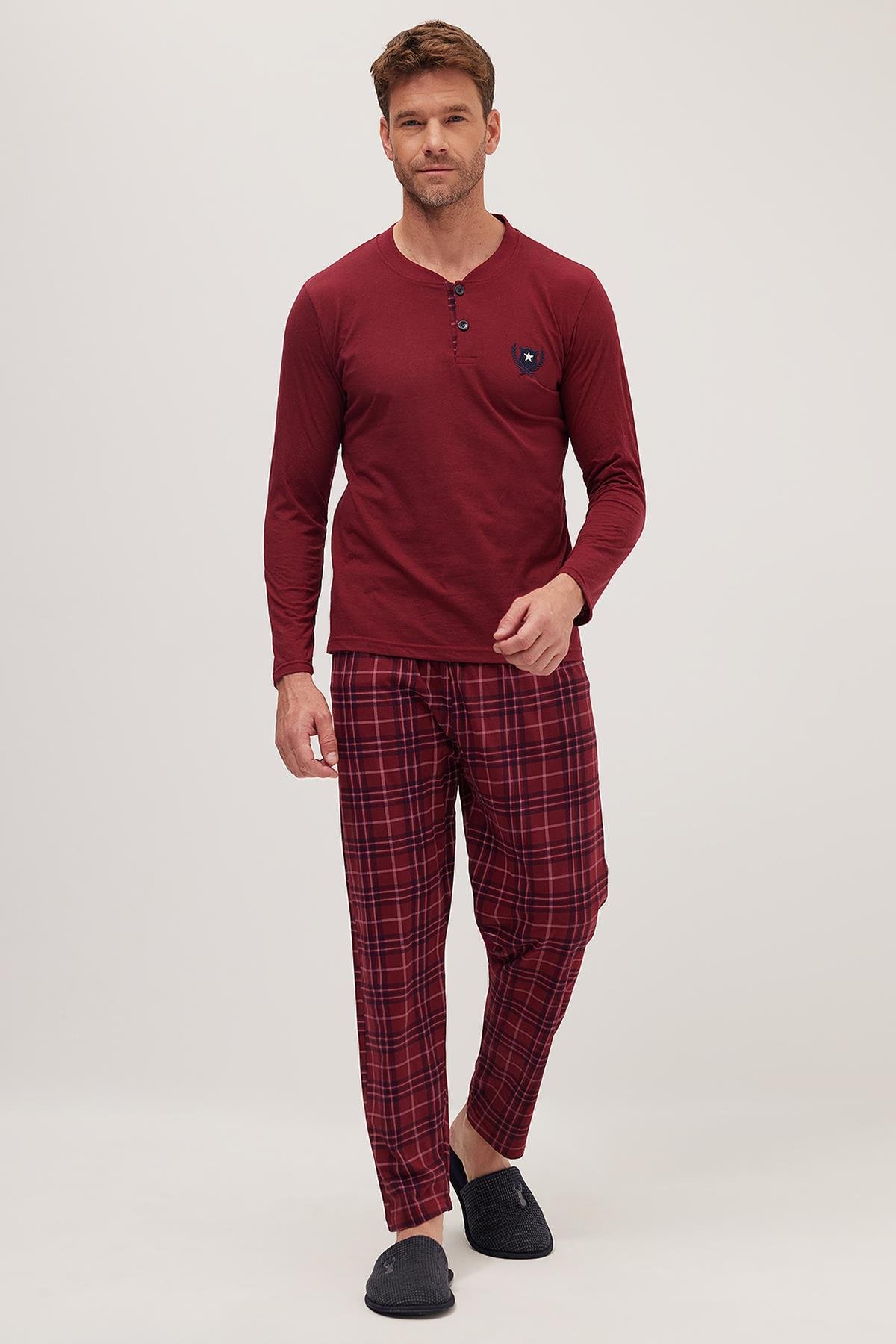 TUDORS Erkek Regular Fit Pamuklu Düğmeli Yaka Beli Lastikli Desenli Bordo Pijama Takımı