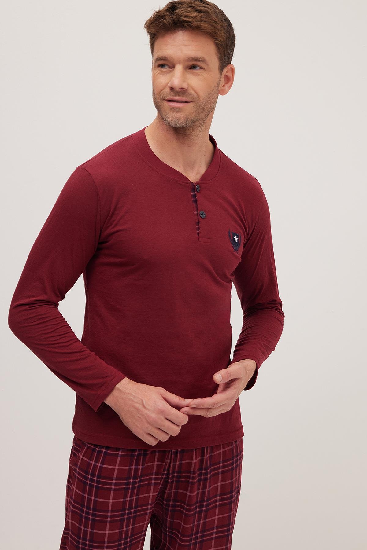 TUDORS Erkek Regular Fit Pamuklu Düğmeli Yaka Beli Lastikli Desenli Bordo Pijama Takımı görsel 2