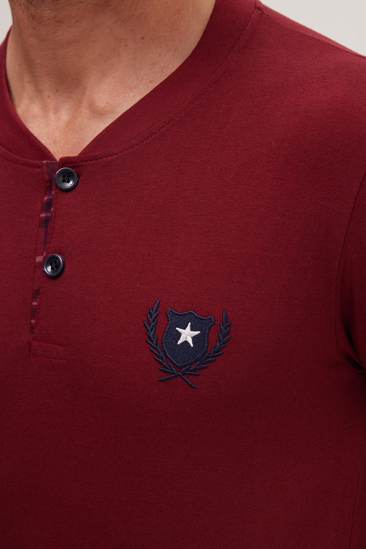 TUDORS Erkek Regular Fit Pamuklu Düğmeli Yaka Beli Lastikli Desenli Bordo Pijama Takımı görsel 3