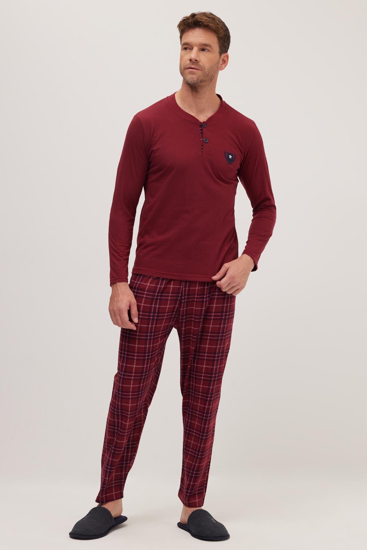 TUDORS Erkek Regular Fit Pamuklu Düğmeli Yaka Beli Lastikli Desenli Bordo Pijama Takımı görsel 4