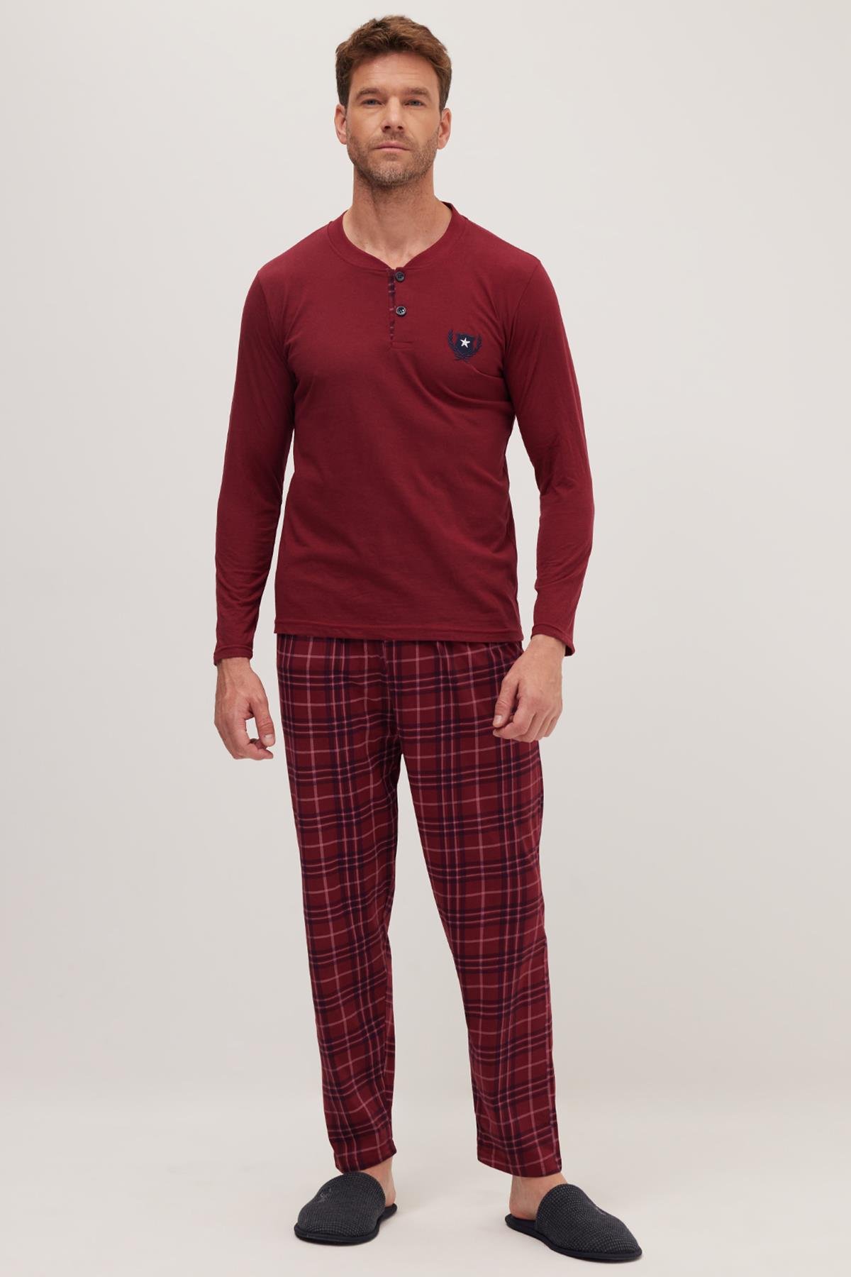 TUDORS Erkek Regular Fit Pamuklu Düğmeli Yaka Beli Lastikli Desenli Bordo Pijama Takımı görsel 5