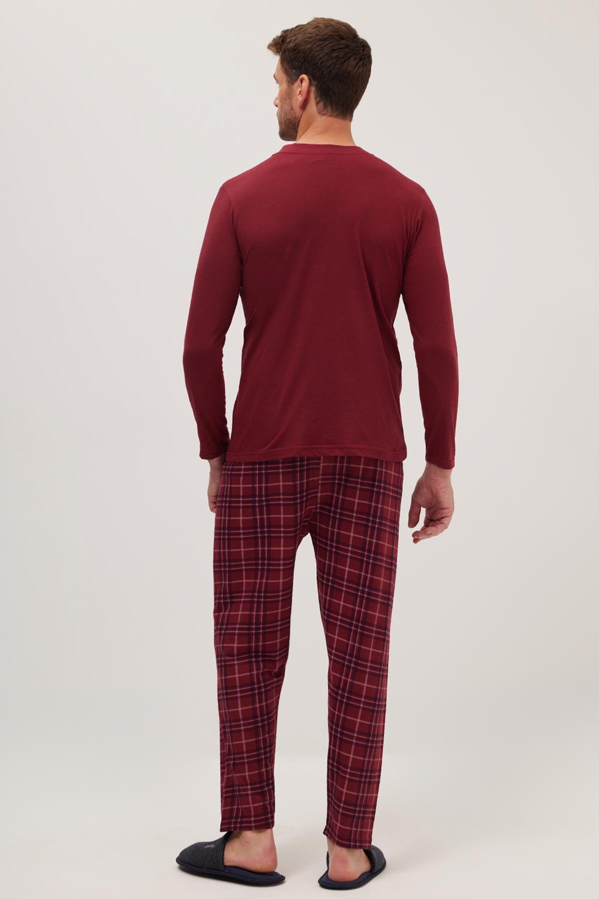 TUDORS Erkek Regular Fit Pamuklu Düğmeli Yaka Beli Lastikli Desenli Bordo Pijama Takımı görsel 7