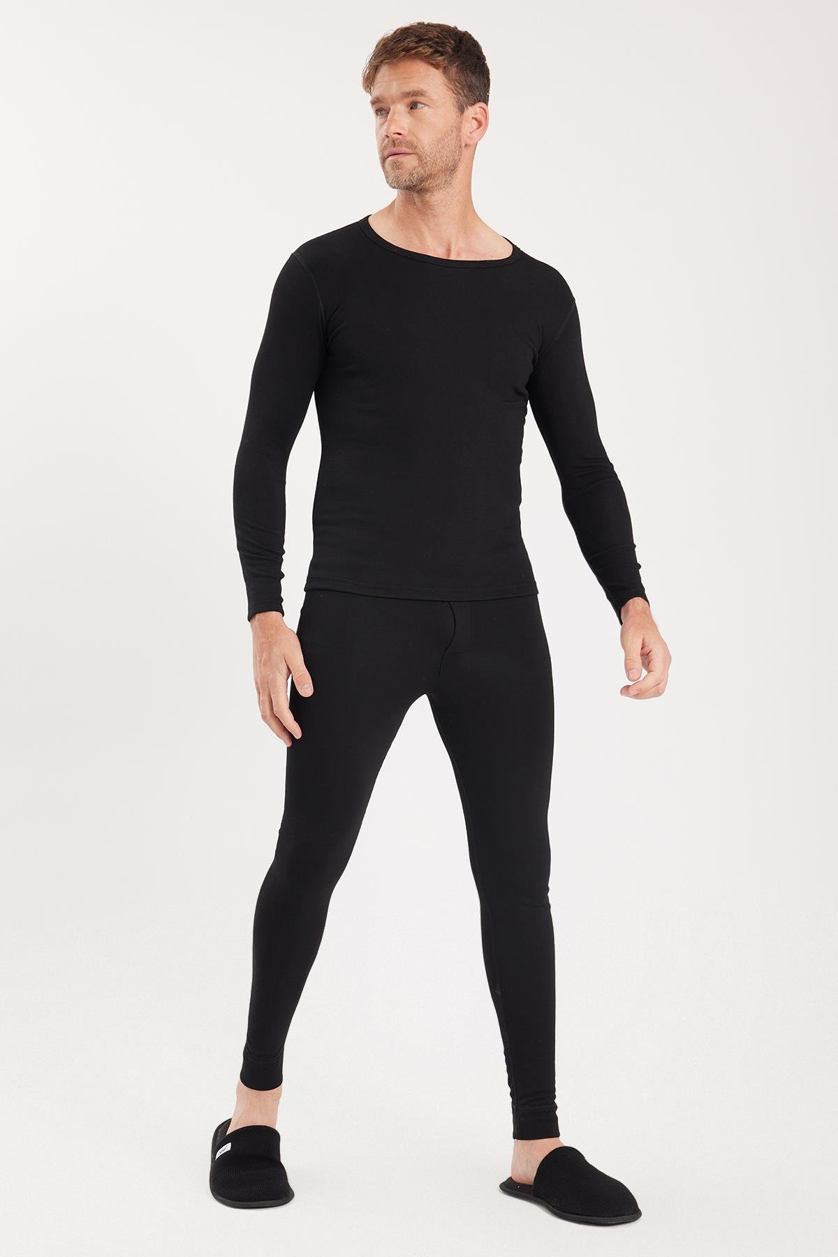 TUDORS Erkek Slim Fit Dar Kesim Bisiklet Yaka Siyah Termal Alt Üst Takım