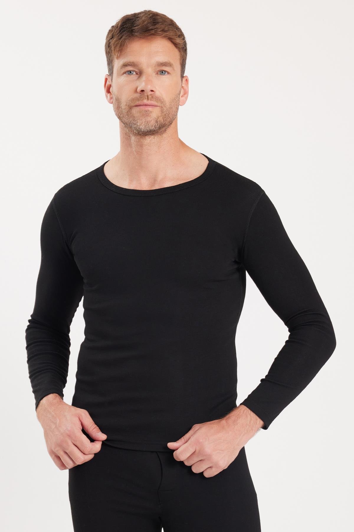 TUDORS Erkek Slim Fit Dar Kesim Bisiklet Yaka Siyah Termal Alt Üst Takım görsel 2