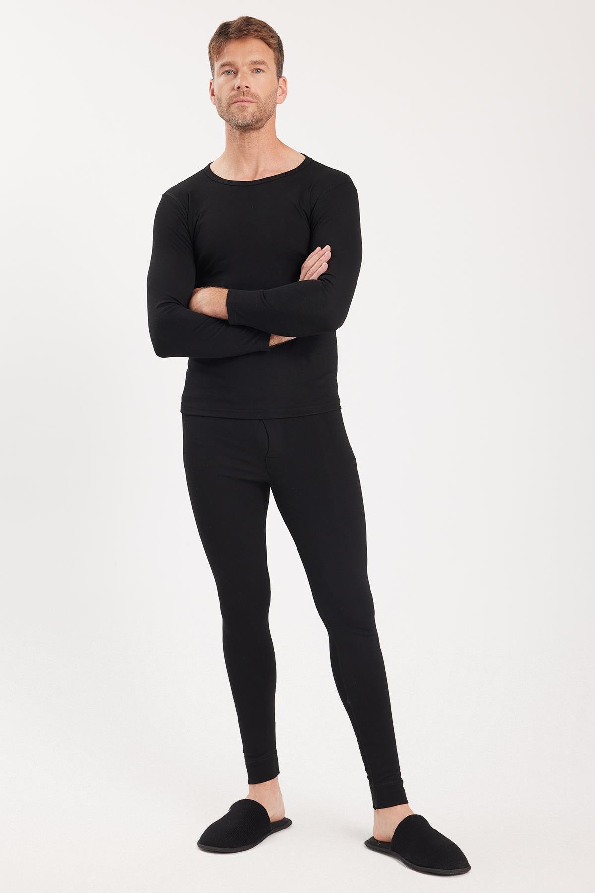 TUDORS Erkek Slim Fit Dar Kesim Bisiklet Yaka Siyah Termal Alt Üst Takım görsel 4
