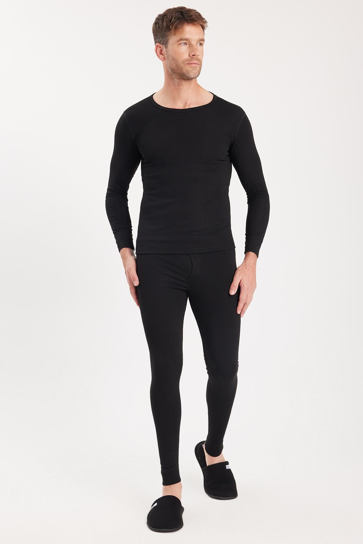 TUDORS Erkek Slim Fit Dar Kesim Bisiklet Yaka Siyah Termal Alt Üst Takım görsel 5