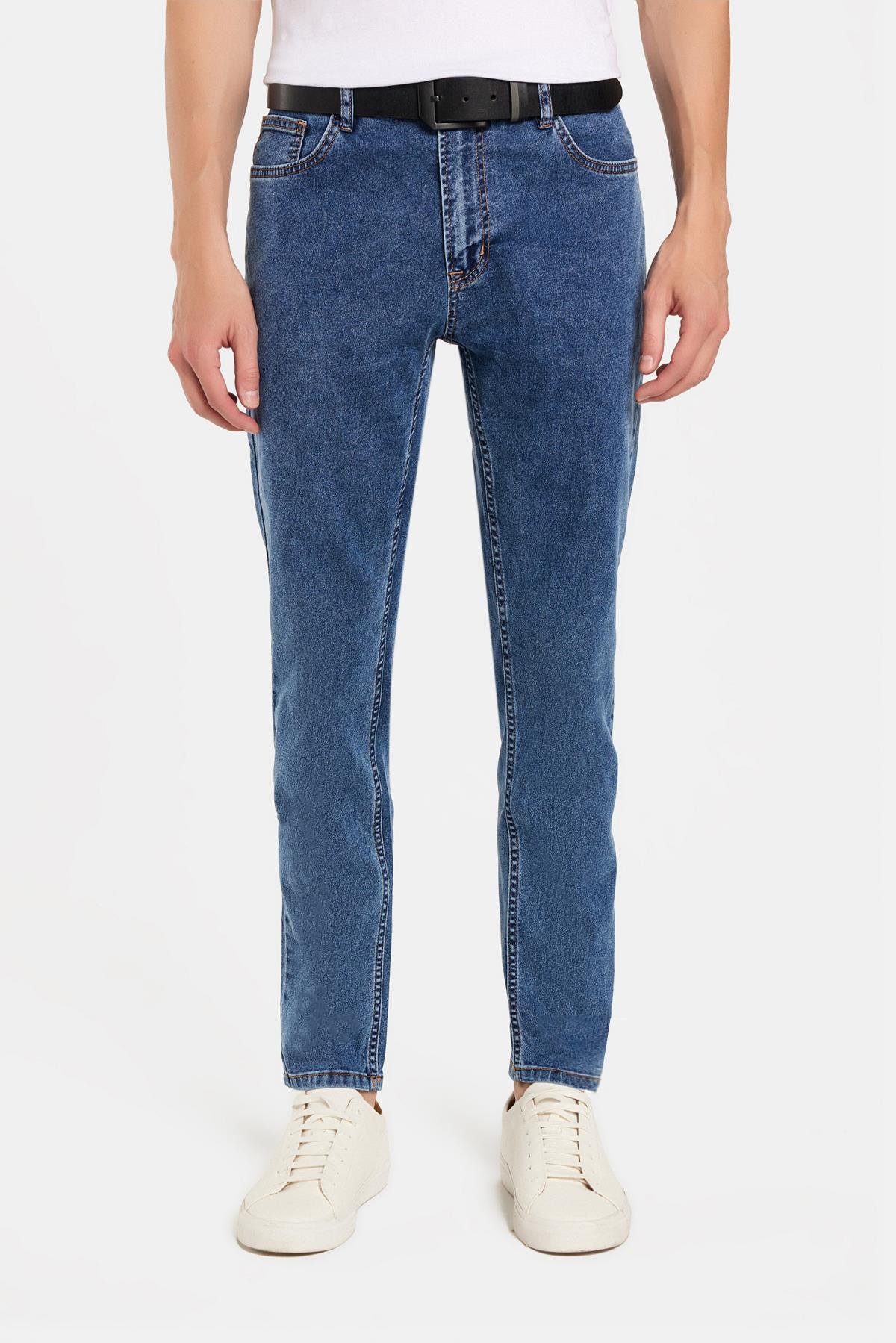 TUDORS Erkek Regular Fit Yıkamalı Taşlamalı Esnek Jean Düz Paça Tapered Açık Mavi Jean Pantolon