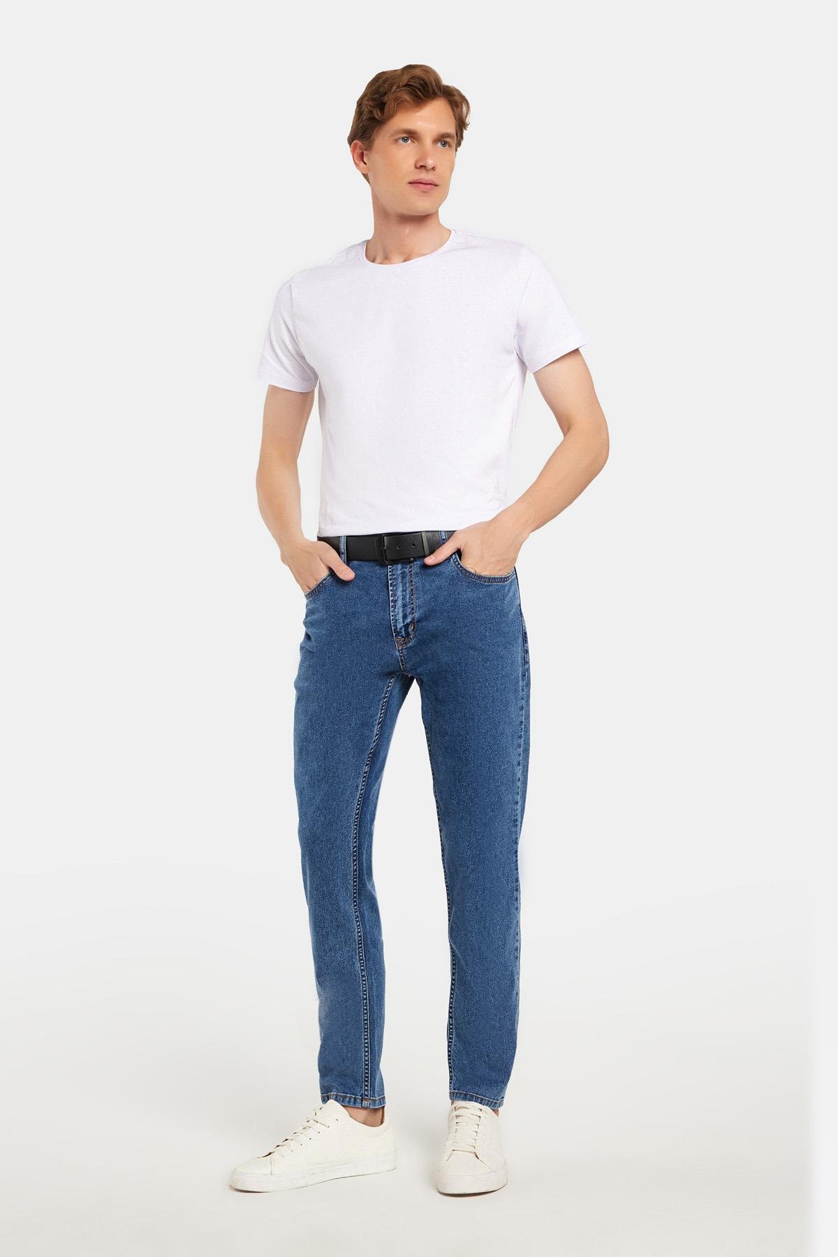 TUDORS Erkek Regular Fit Yıkamalı Taşlamalı Esnek Jean Düz Paça Tapered Açık Mavi Jean Pantolon görsel 3