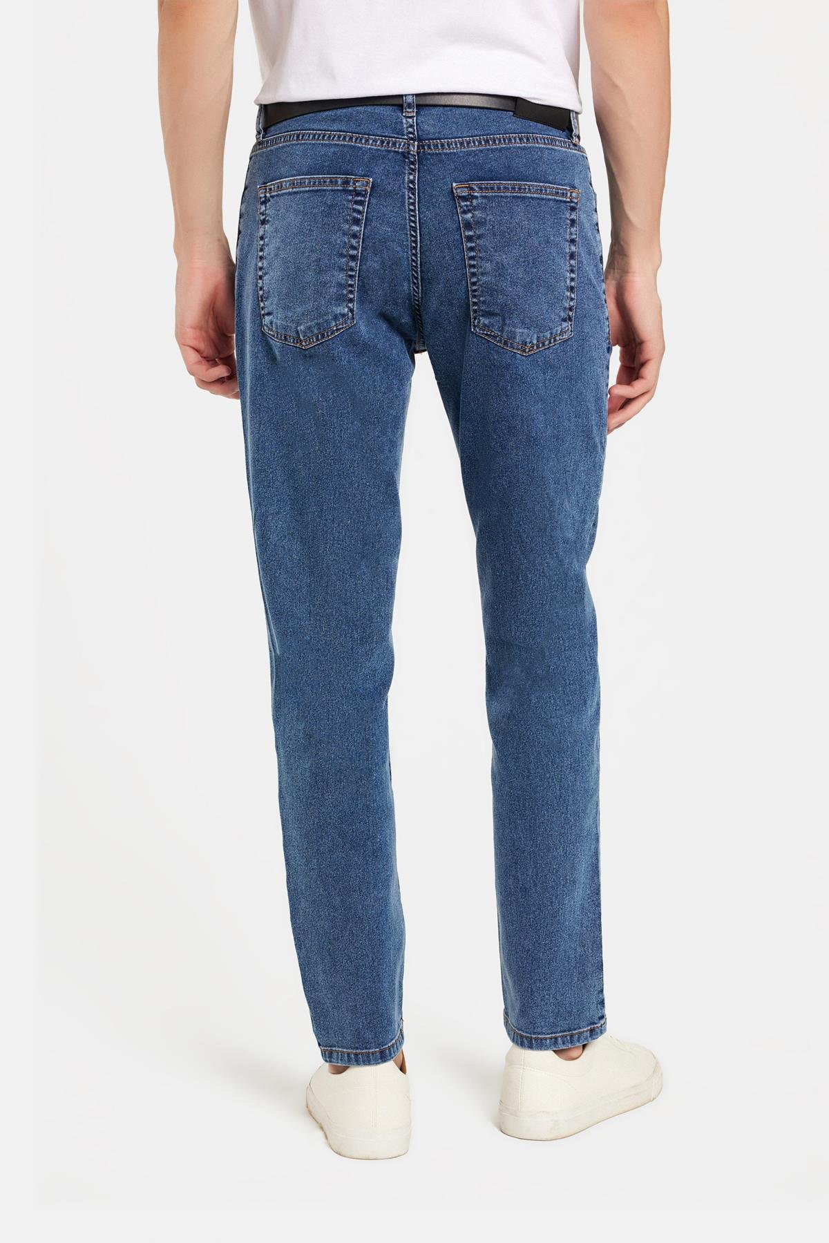TUDORS Erkek Regular Fit Yıkamalı Taşlamalı Esnek Jean Düz Paça Tapered Açık Mavi Jean Pantolon görsel 5