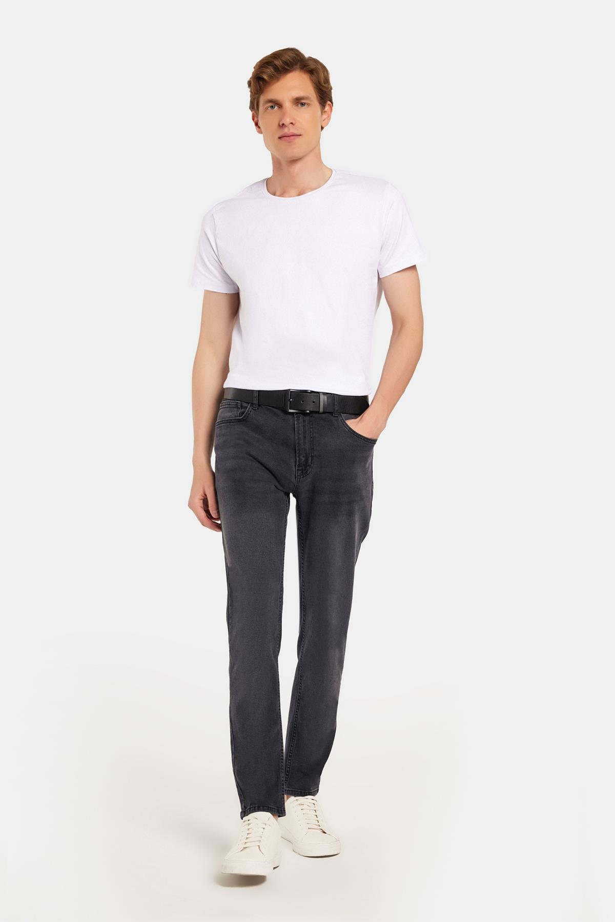 TUDORS Erkek Regular Fit Normal Kesim Denim Yıkamalı Düz Paça Gri Jean Pantolon görsel 3