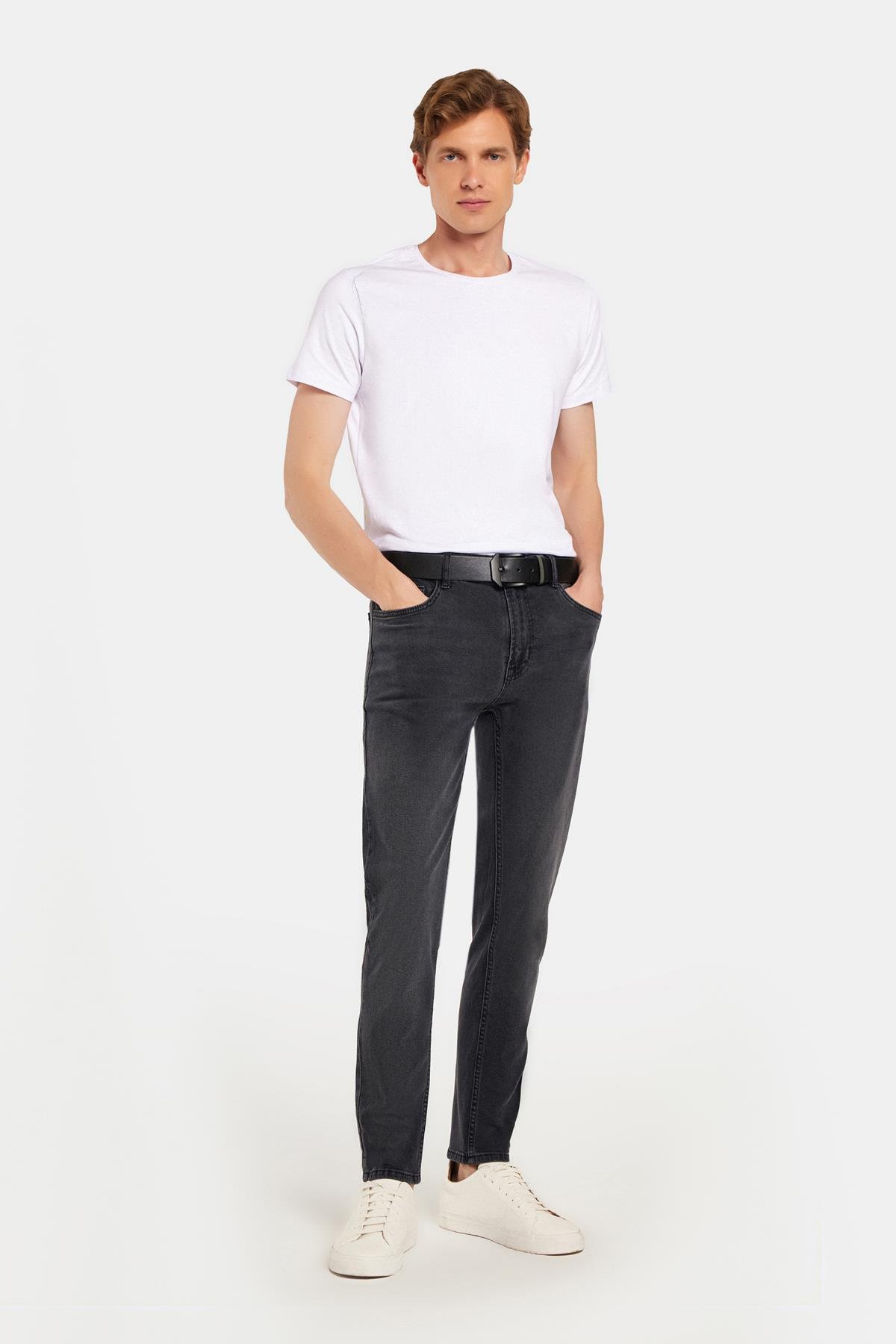 TUDORS Erkek Regular Fit Normal Kesim Denim Yıkamalı Düz Paça Gri Jean Pantolon görsel 4